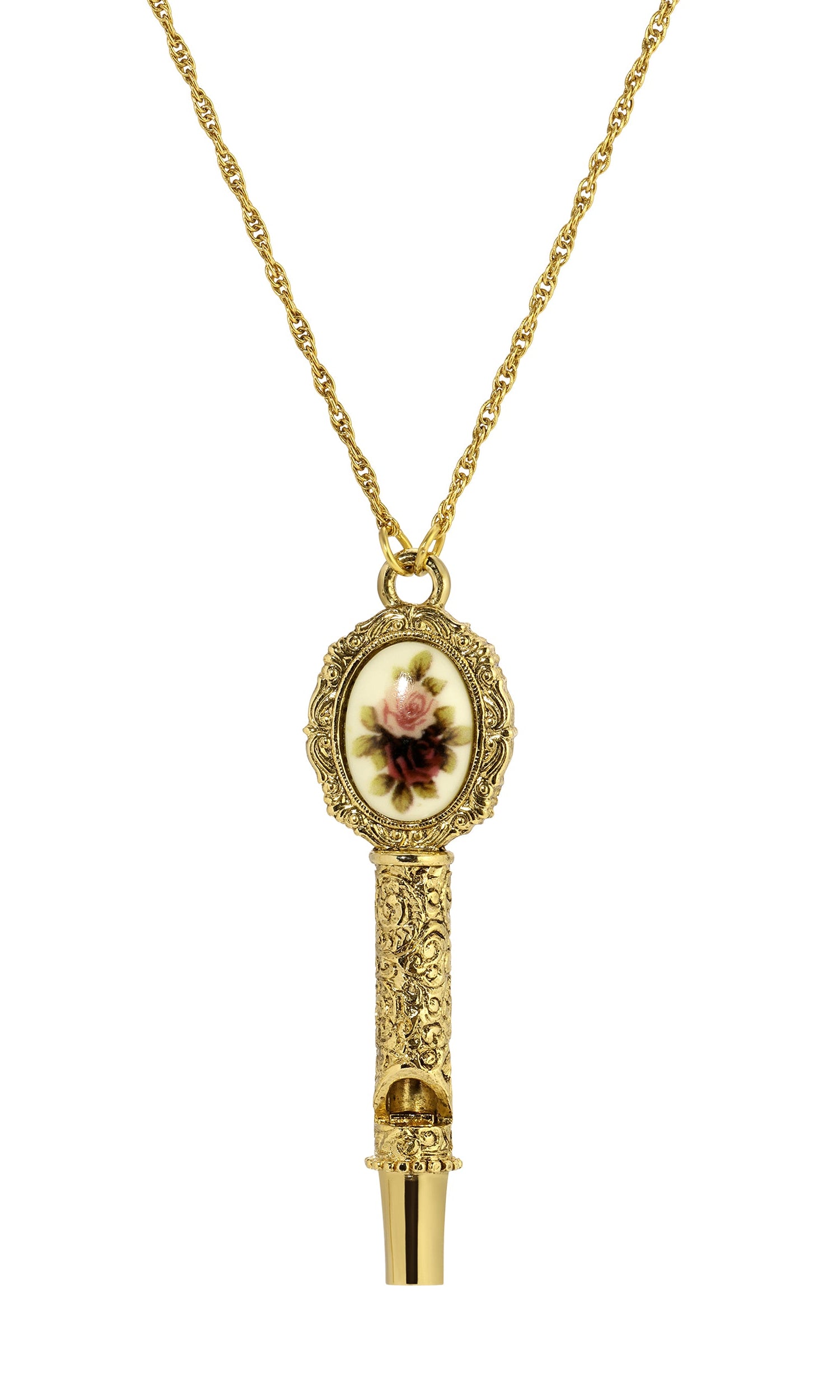 1928 Jewelry Manor House Etched Filigree Whistle Pendant Necklace 28"