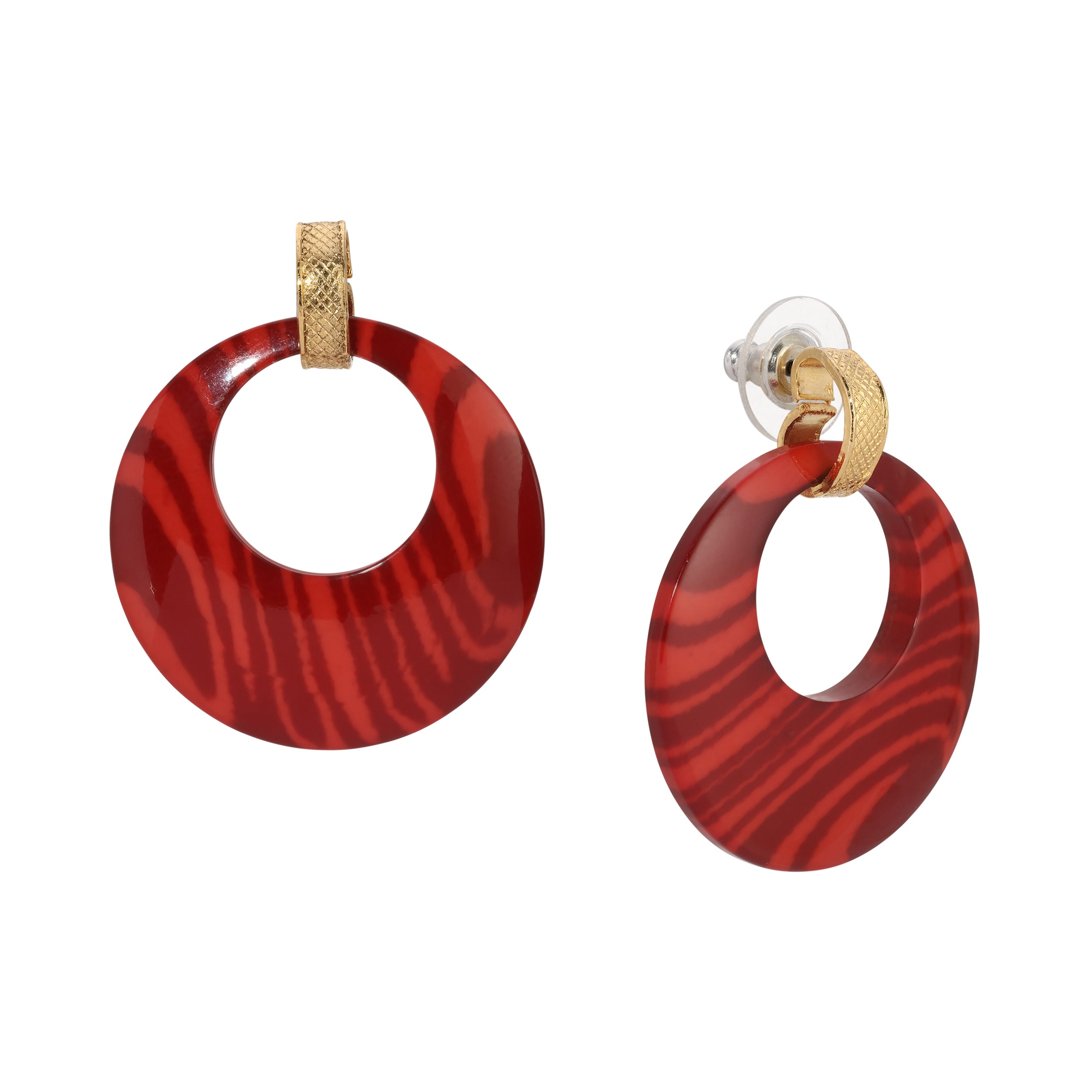 Red hoop earrings with gold accents on a white background