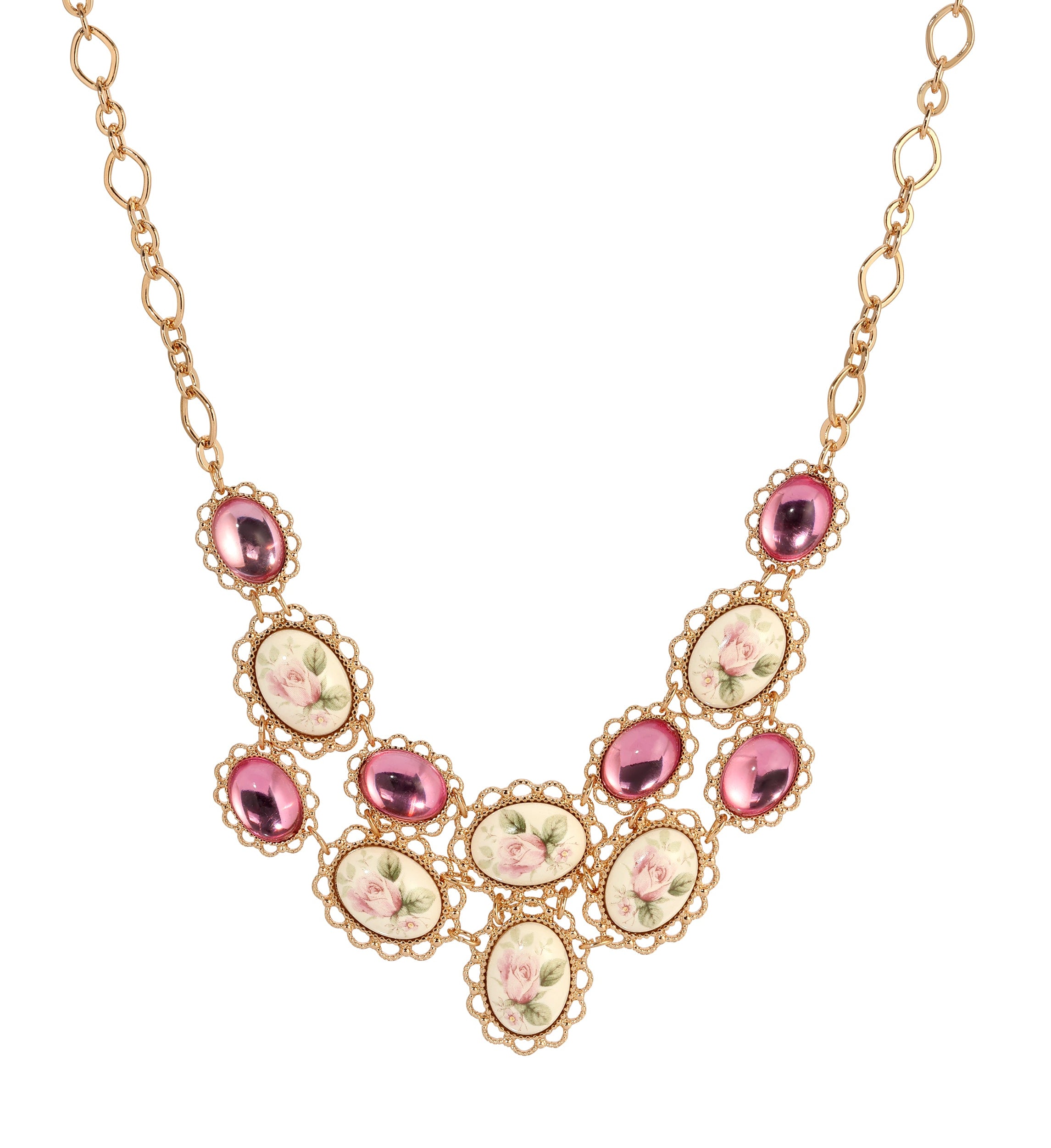 1928 Jewelry Ceramic Rose & Pink Stone Bib Necklace 15" + 3" Extension