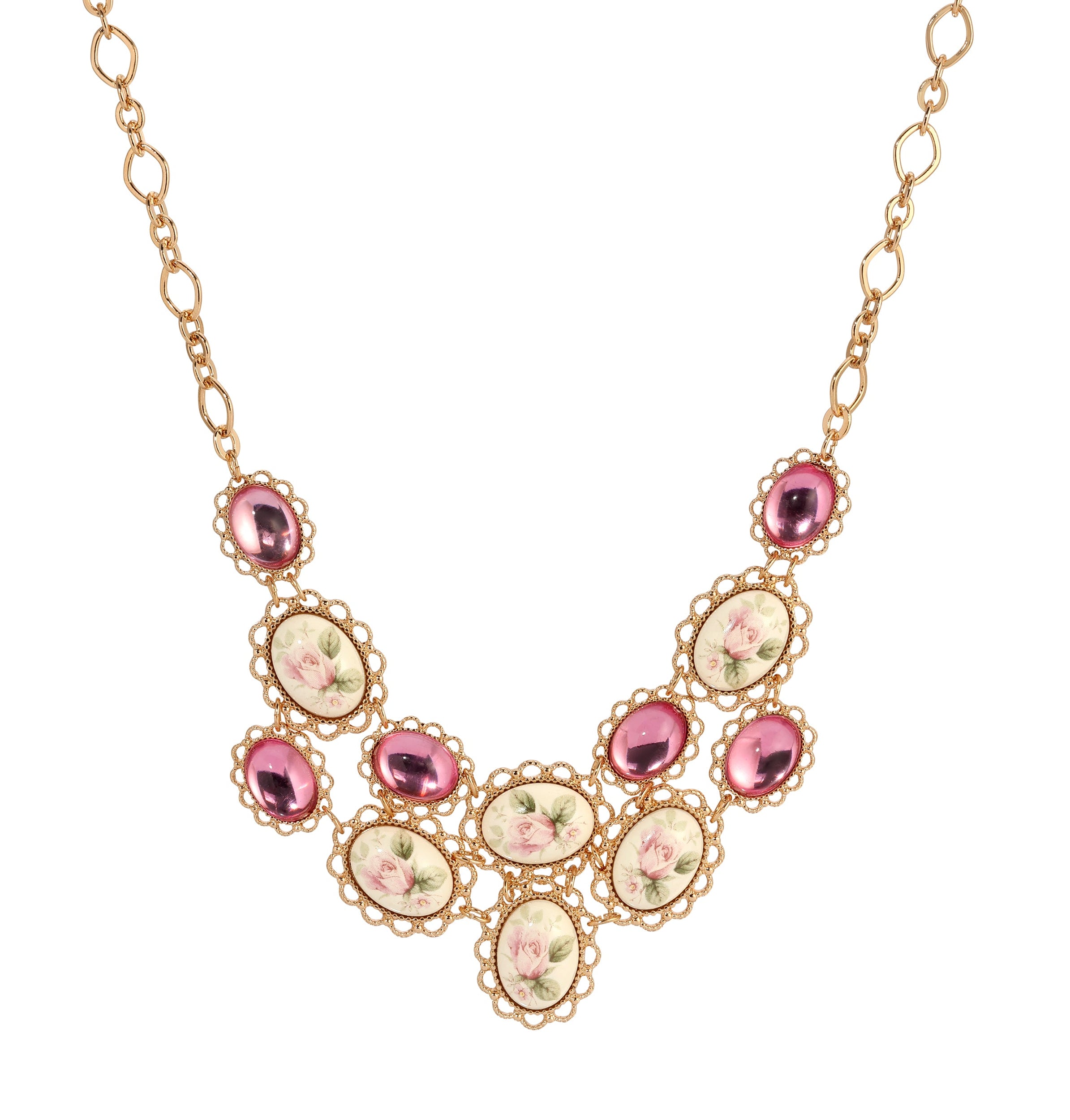 1928 Jewelry Ceramic Rose & Pink Stone Bib Necklace 15" + 3" Extension