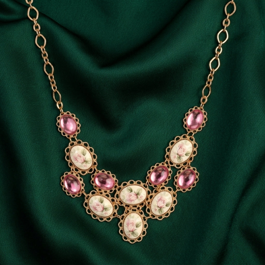 Necklace with floral designs on a green fabric background