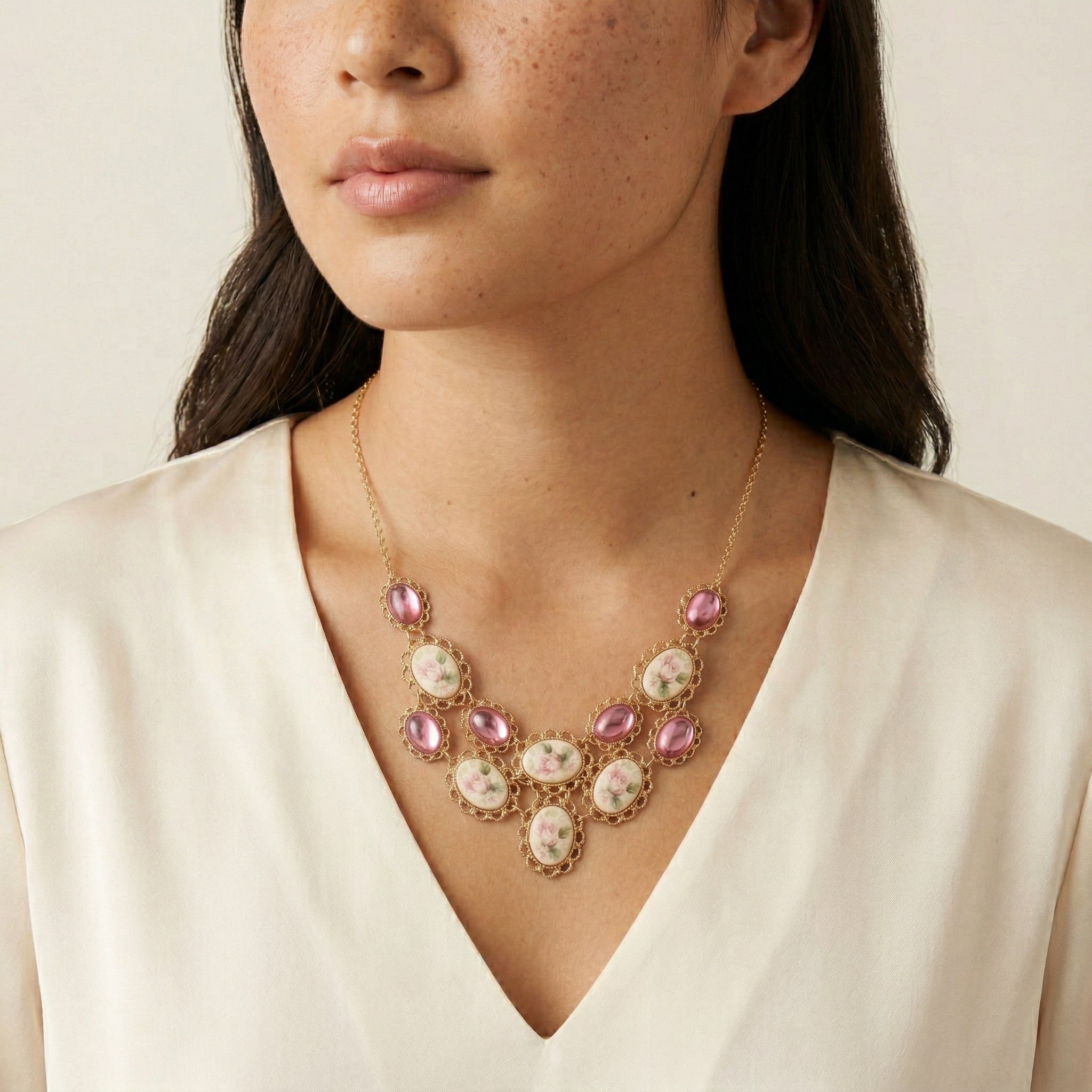 Necklace with pink and white stones worn by a person in a cream top against a neutral background