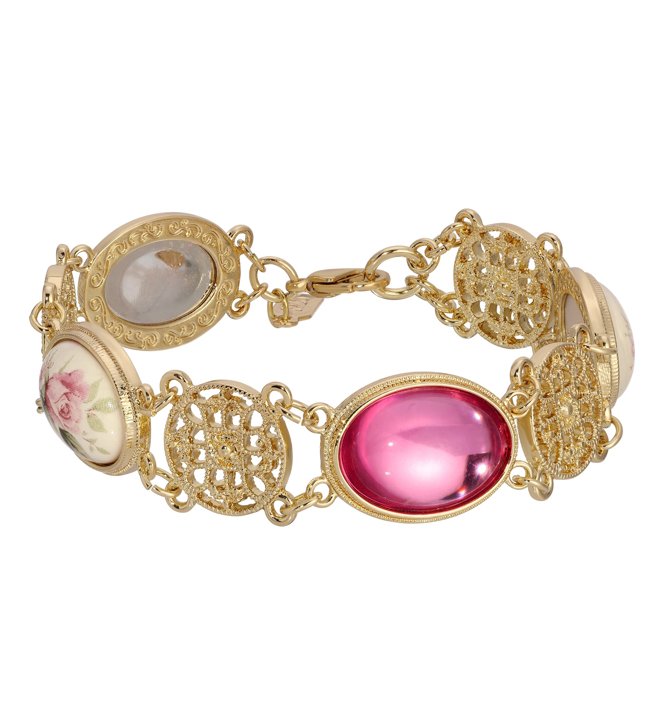 1928 Jewelry Meso Round Ceramic Rose & Pink Stone Link Bracelet