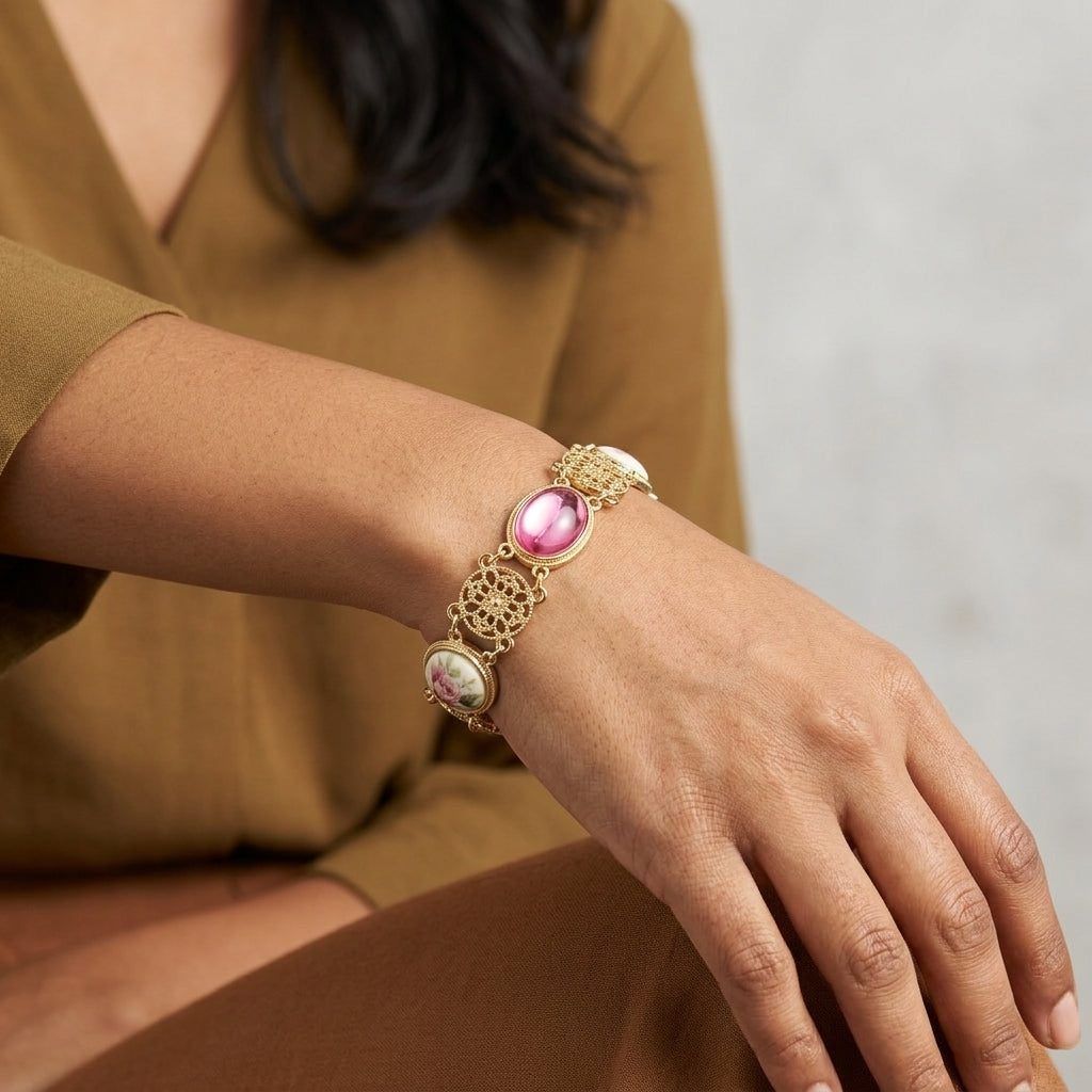 Gold bracelet with pink gemstone on a wrist against a neutral background