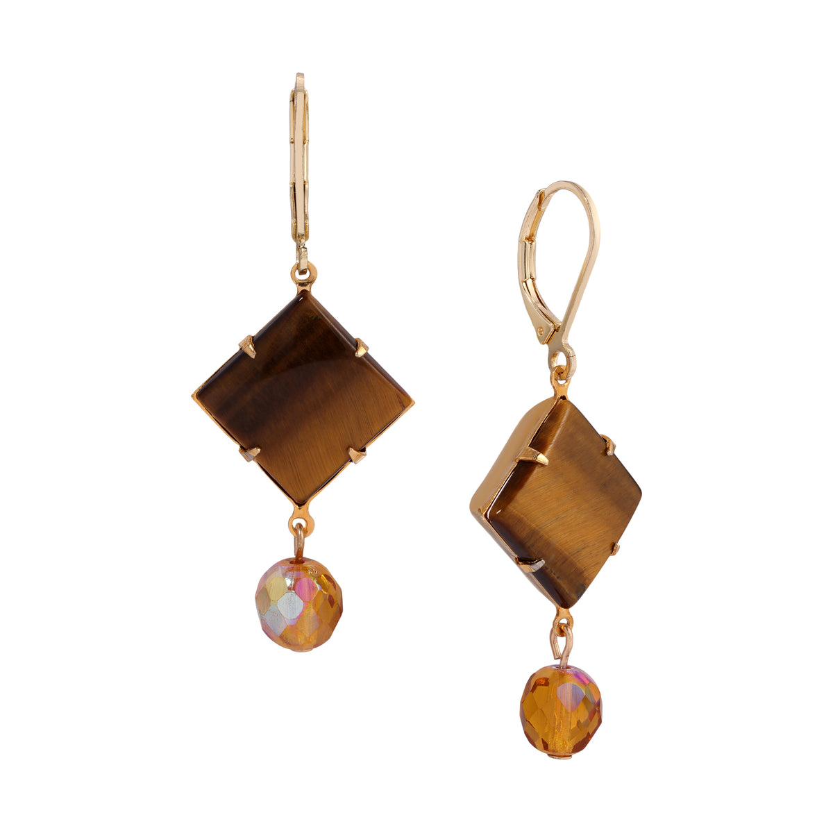 Square Tiger's Eye Gemstone & Crystal Drop Dangling Earrings