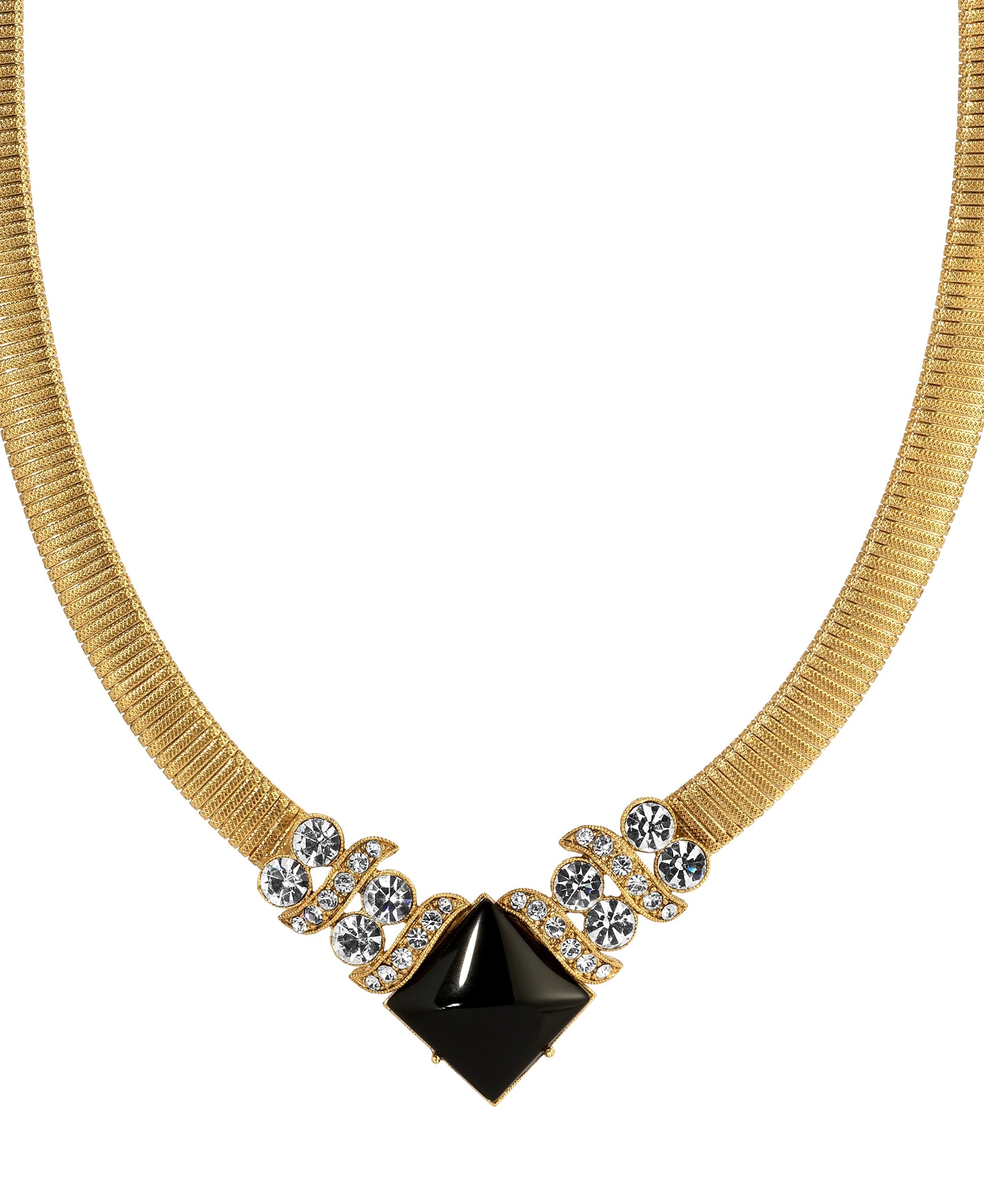 1928 Jewelry Black Onyx Square Gemstone Multi Crystal Collar Necklace 16" + 3" Extension