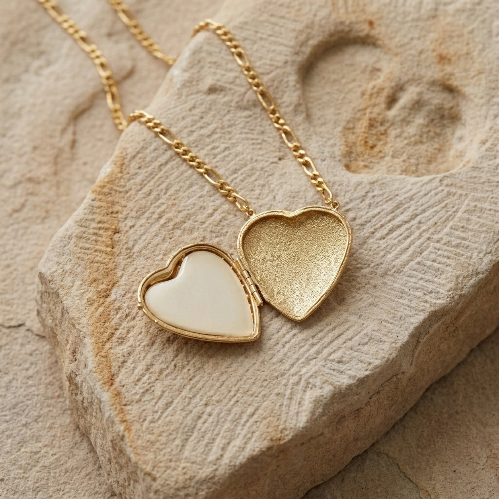 Opened gold tone Porcelain Heart Rose Motif Pendant Photo Locket Necklace on a textured stone surface