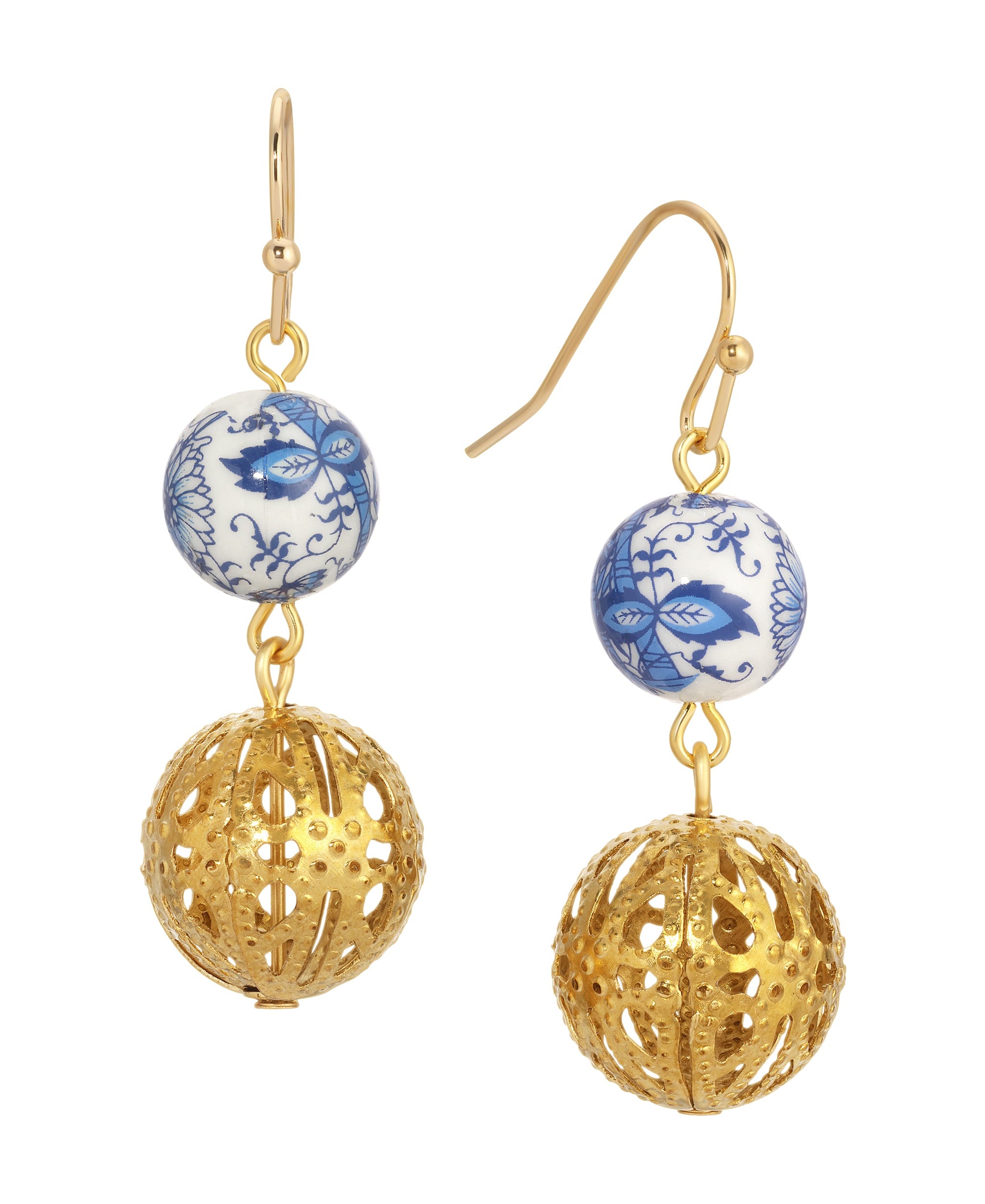 1928 Jewelry Blue Willow Round Gold Filigree Dangling Earrings