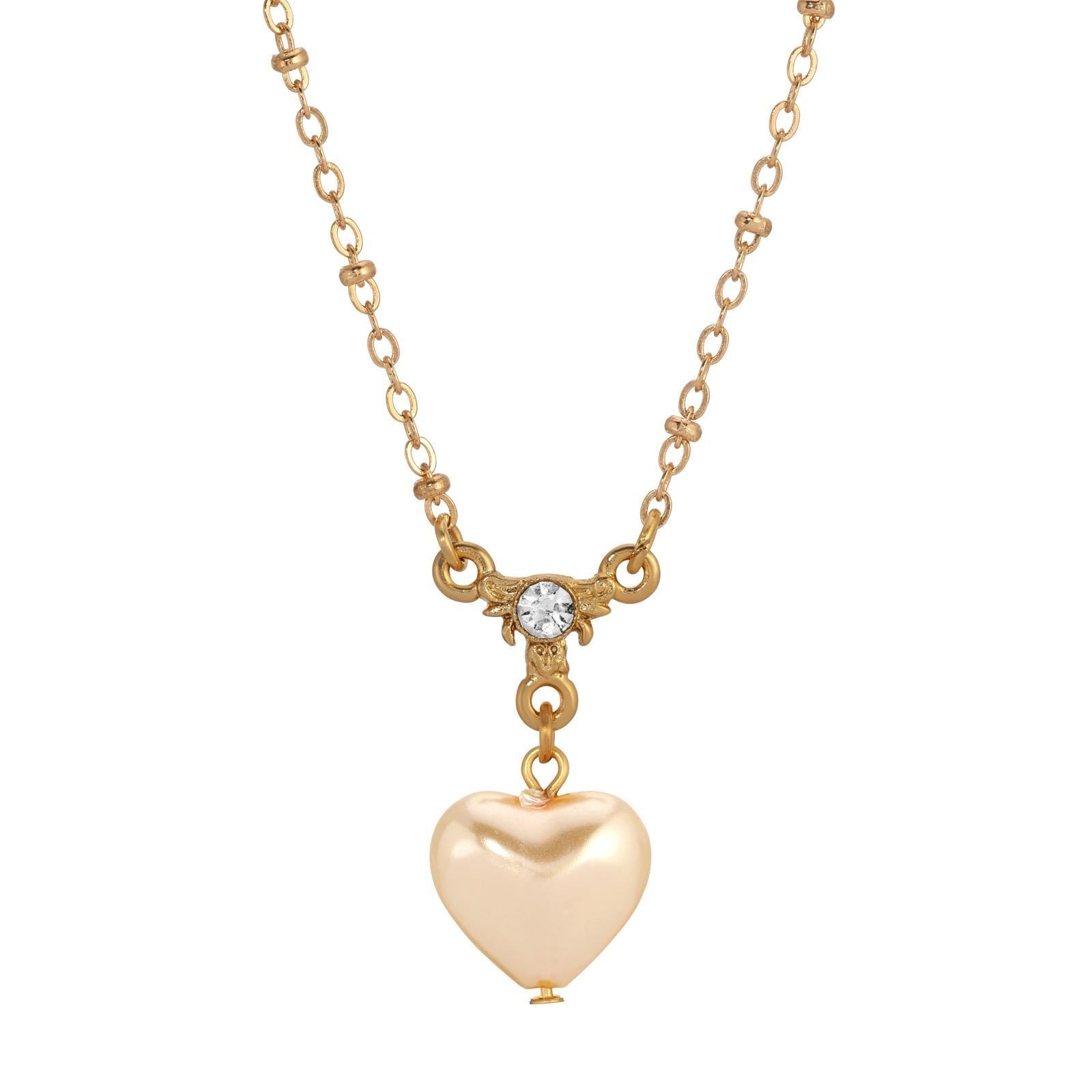 1928 Jewelry Puffed Heart Faux Pearl Pendant Necklace 16"