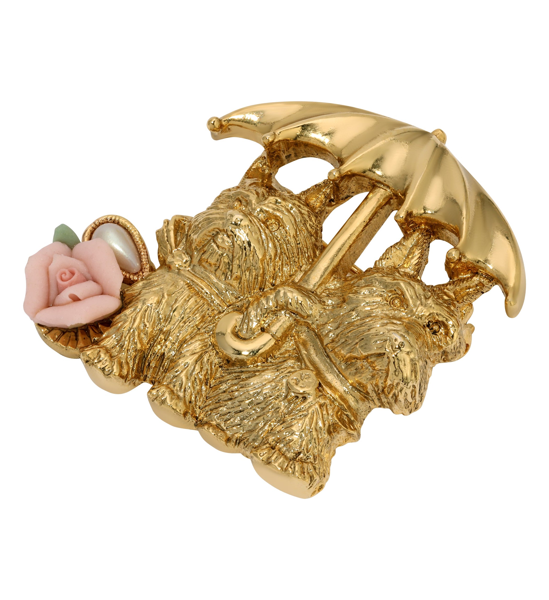 1928 Jewelry Yorkies In The Rain Porcelain Rose Brooch