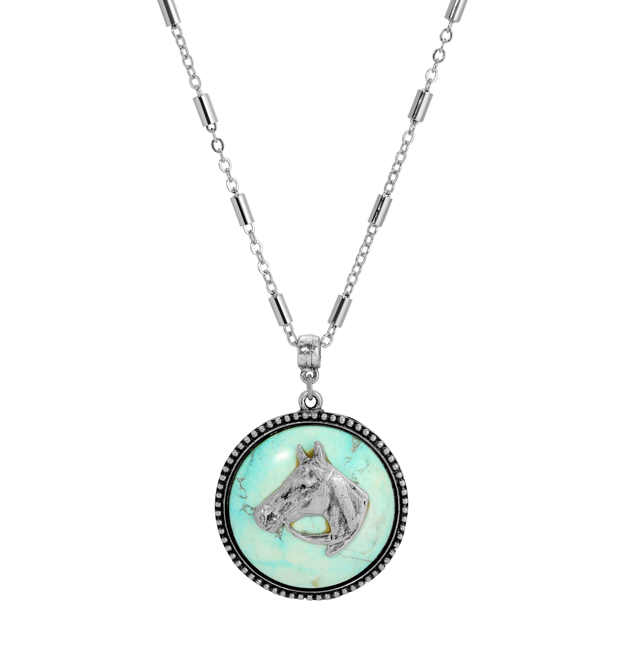 1928 Jewelry Round Turquoise Gemstone Equestrian Pendant Necklace 18"