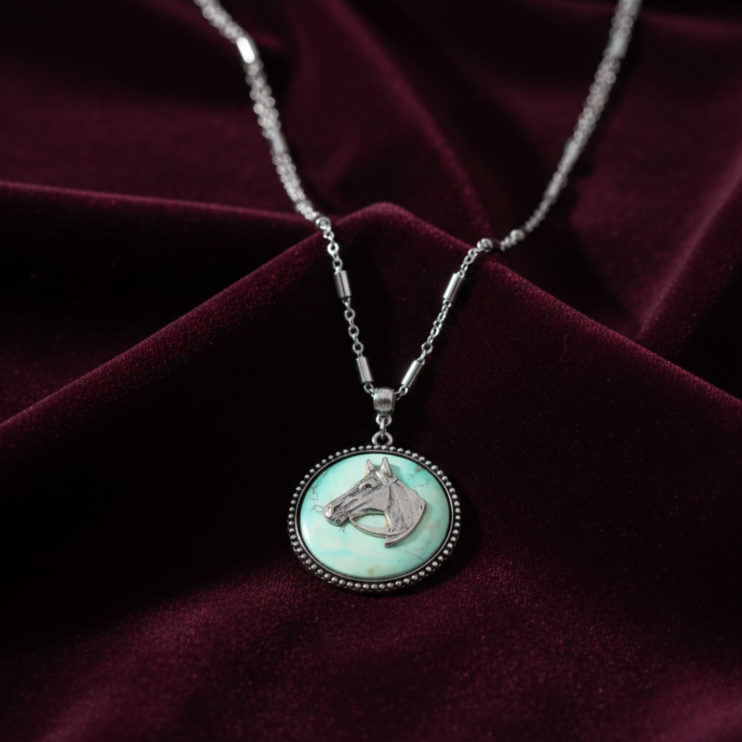 Necklace with a pendant featuring a horse's head on a maroon fabric background