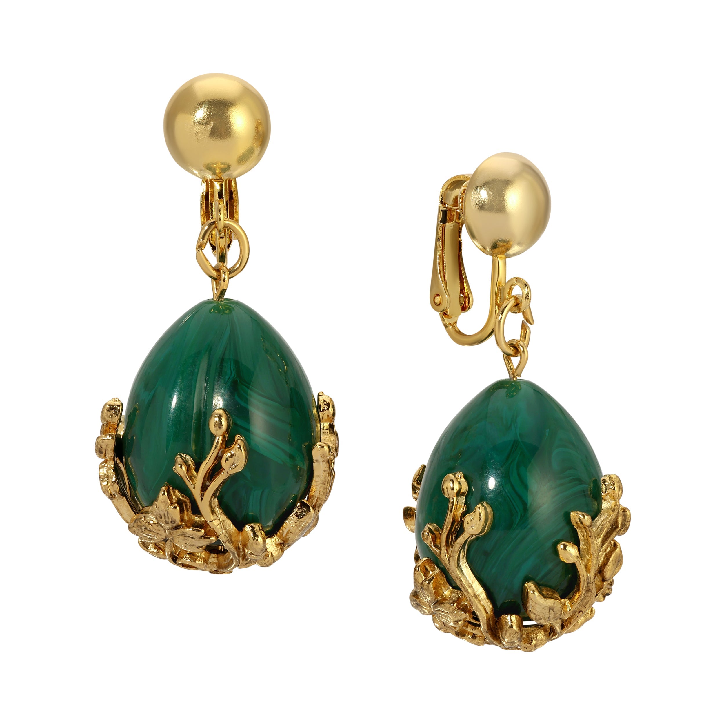1928 Jewelry Golden Bloom Teardrop Marble Green Stone Clip On Earrings