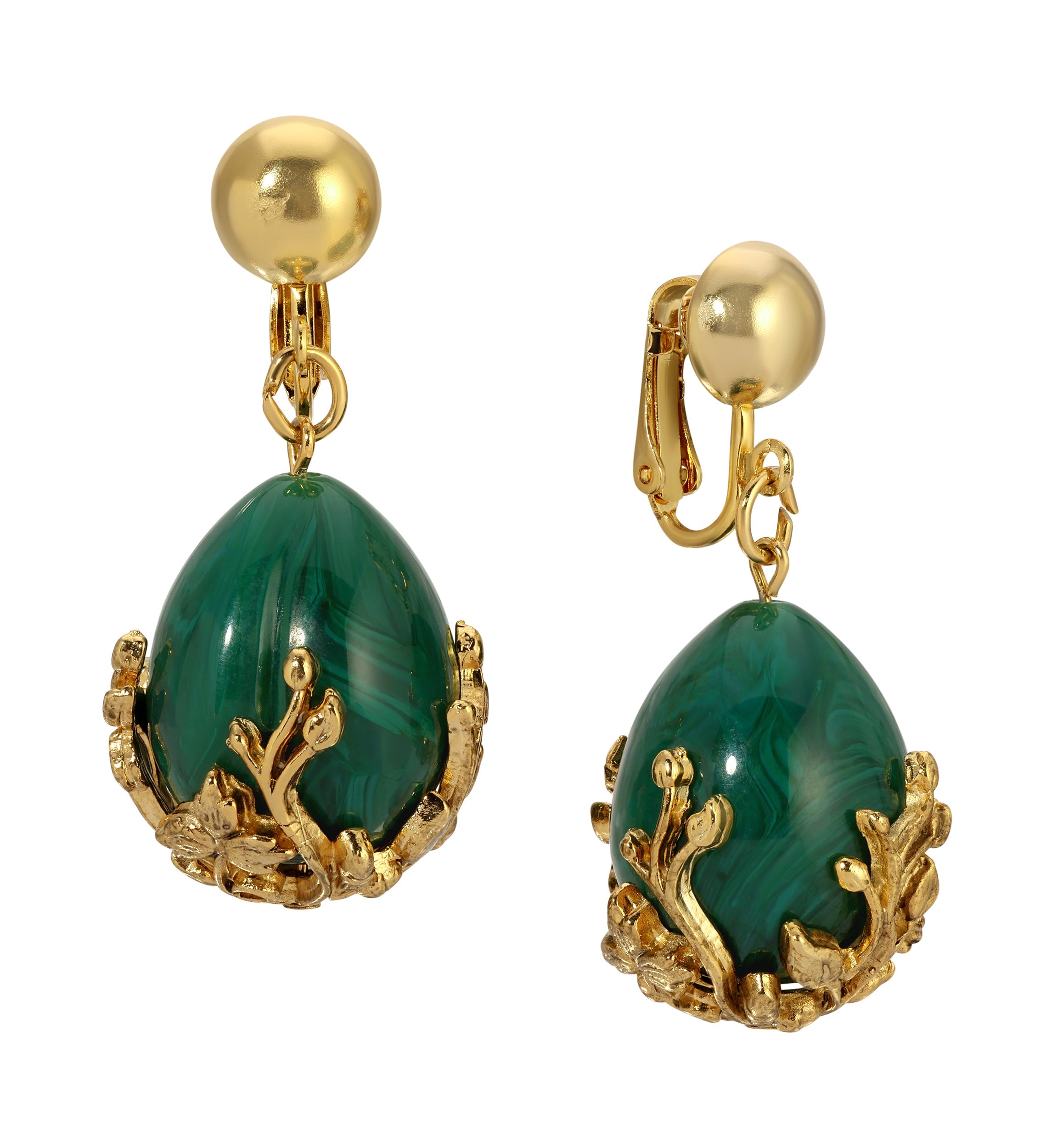 1928 Jewelry Golden Bloom Teardrop Marble Green Stone Clip On Earrings
