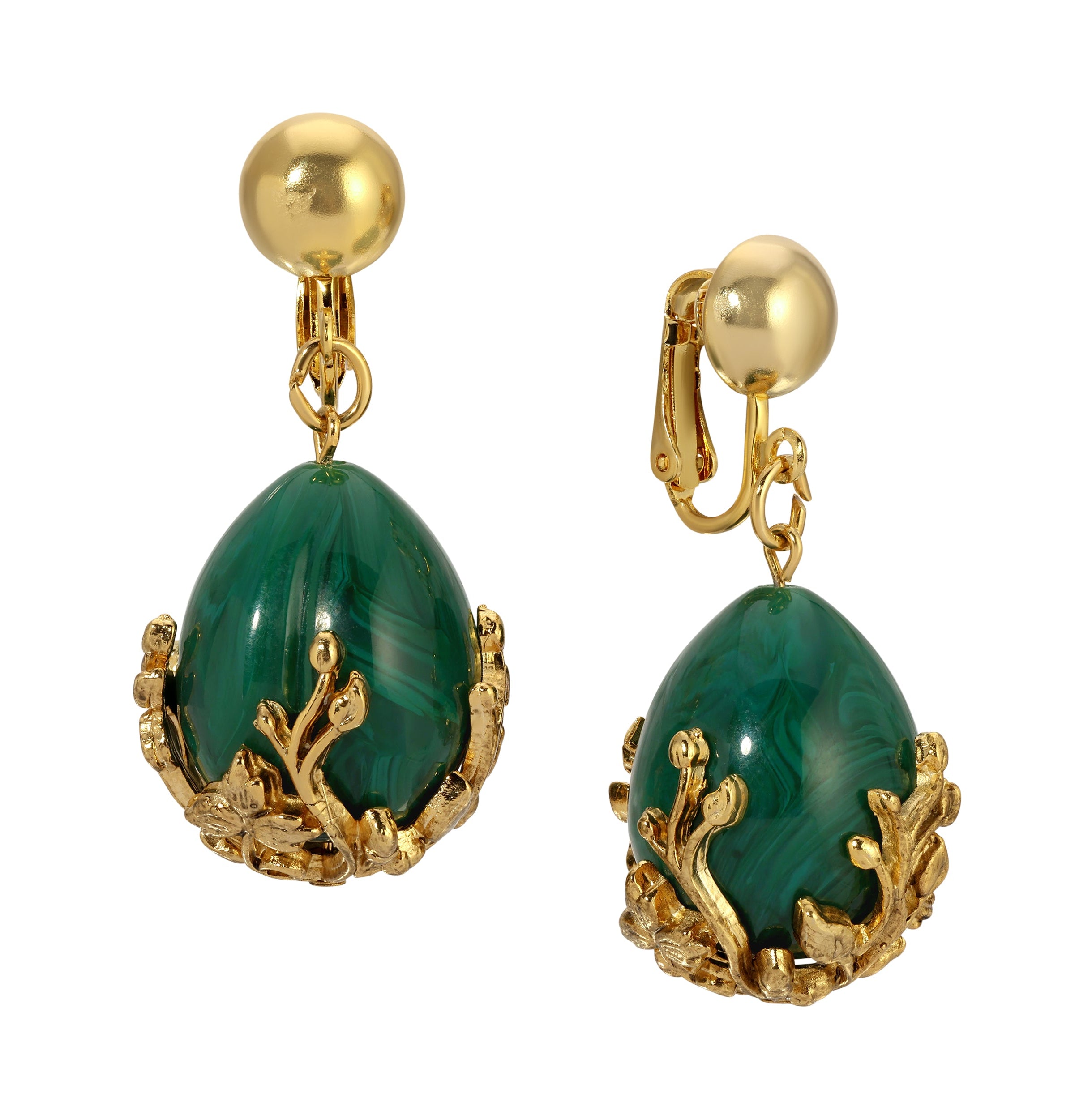 1928 Jewelry Golden Bloom Teardrop Marble Green Stone Clip On Earrings