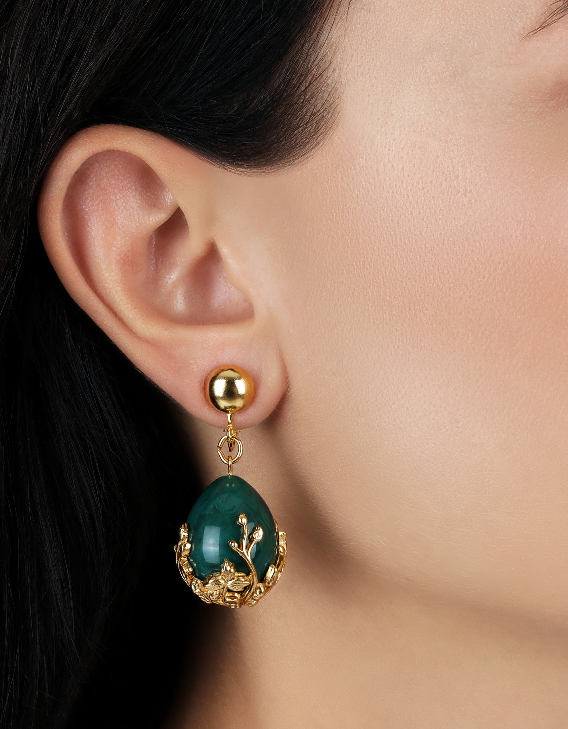 1928 Jewelry Golden Bloom Teardrop Marble Green Stone Clip On Earrings