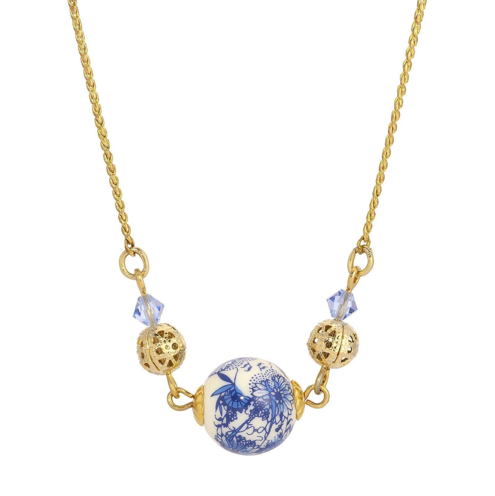 Gold Tone Round Blue & Gold Bead & Sapphire Crystal 16 Necklace