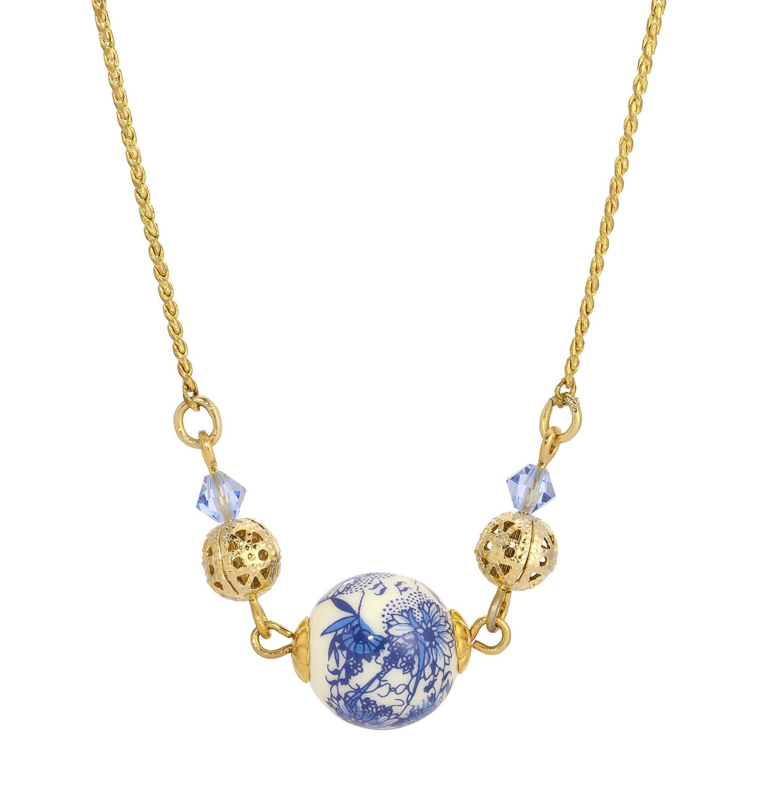 Gold Tone Round Blue & Gold Bead & Sapphire Crystal 16 Necklace