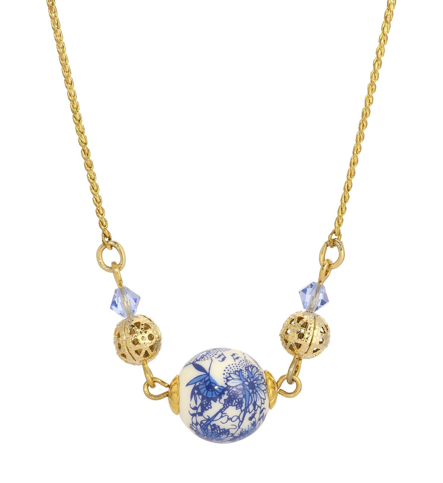 Gold Tone Round Blue & Gold Bead & Sapphire Crystal 16 Necklace