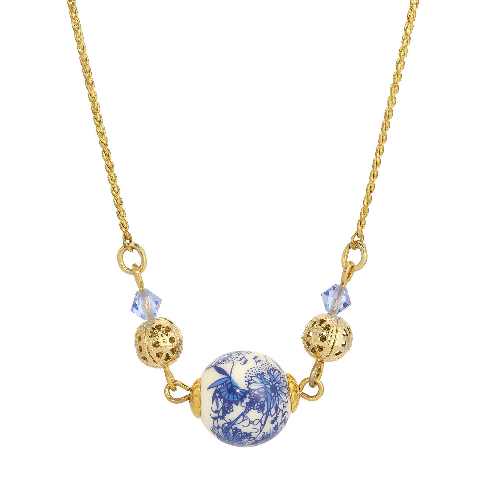 Gold Tone Round Blue & Gold Bead & Sapphire Crystal 16 Necklace