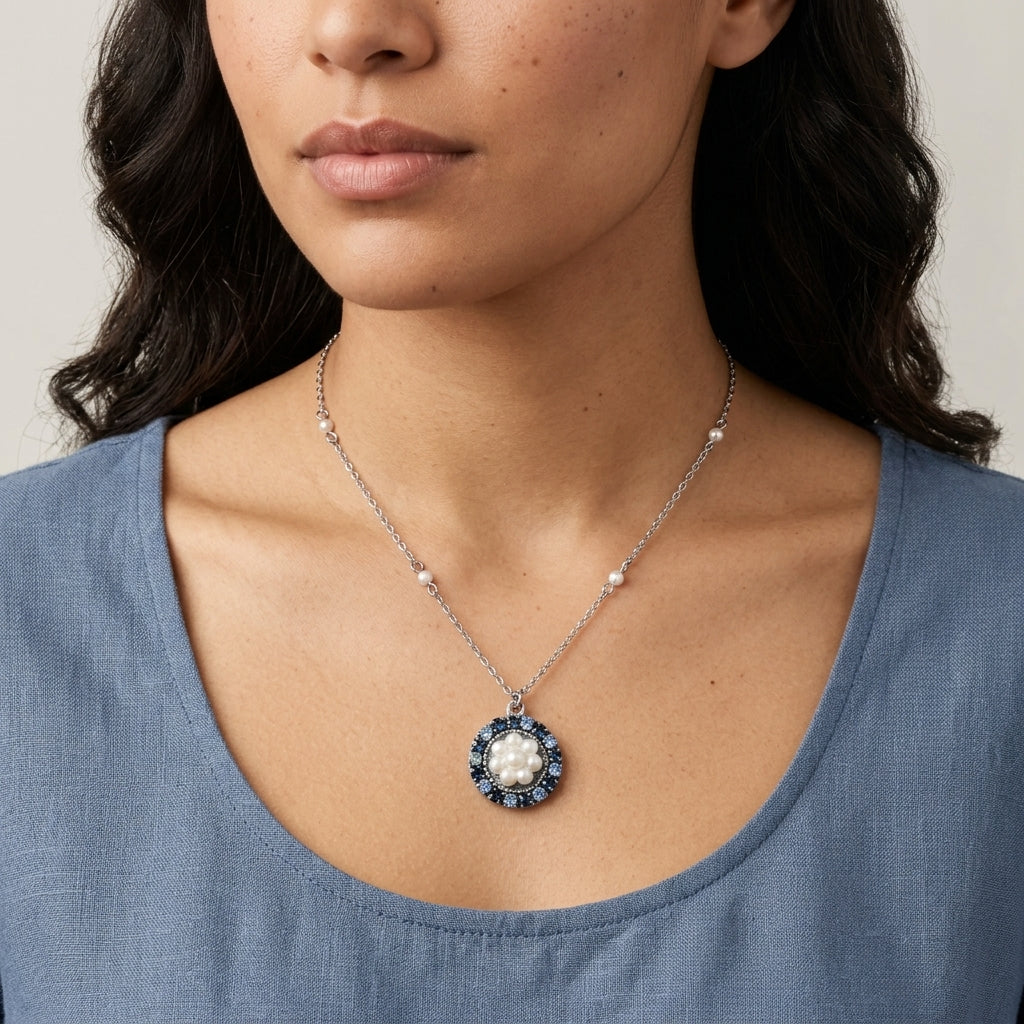 Woman wearing a blue top and Hanauma Floral Faux Pearl Crystal Pendant Necklace