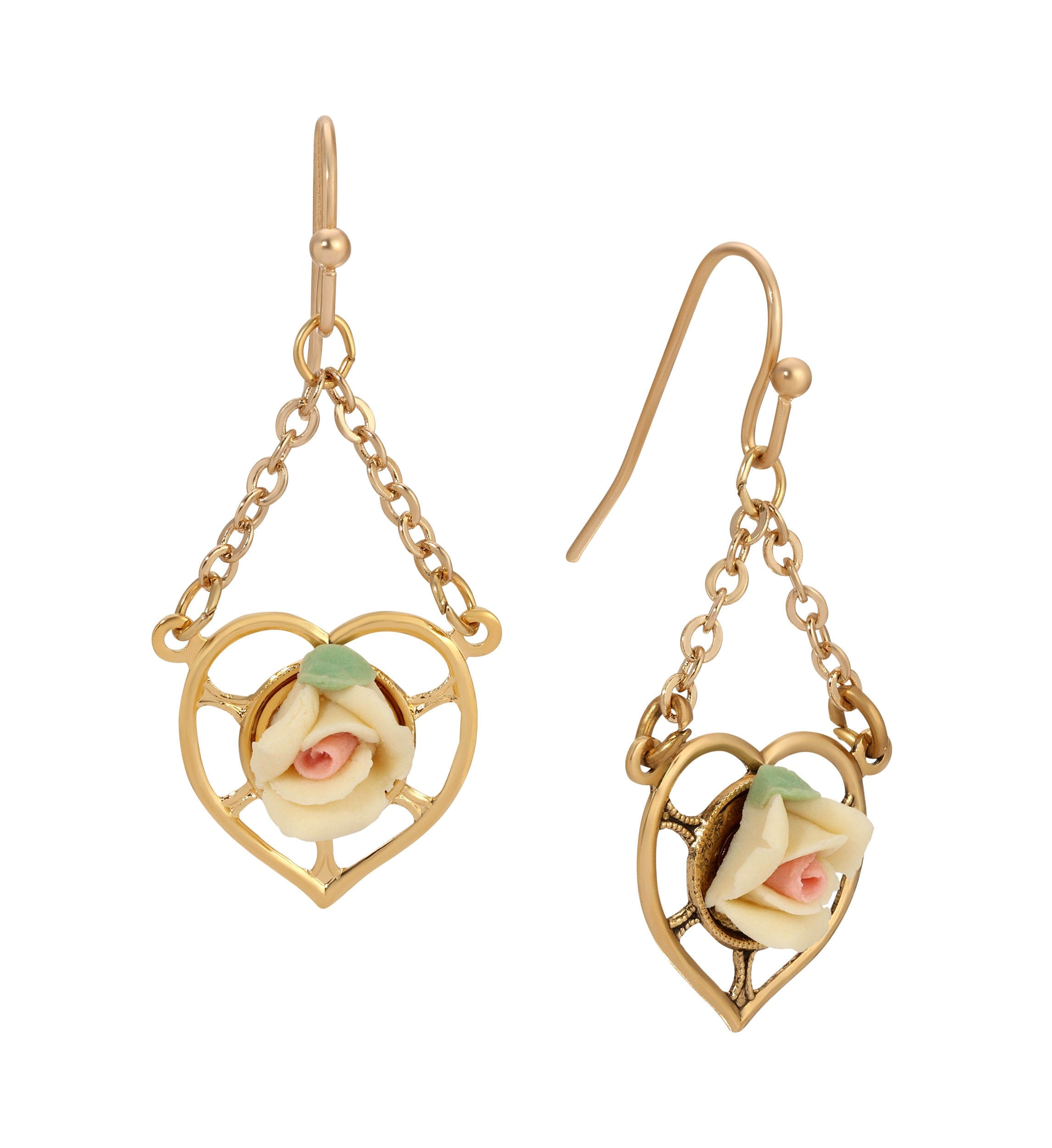 1928 Jewelry Porcelain Rose Dangling Heart Earrings