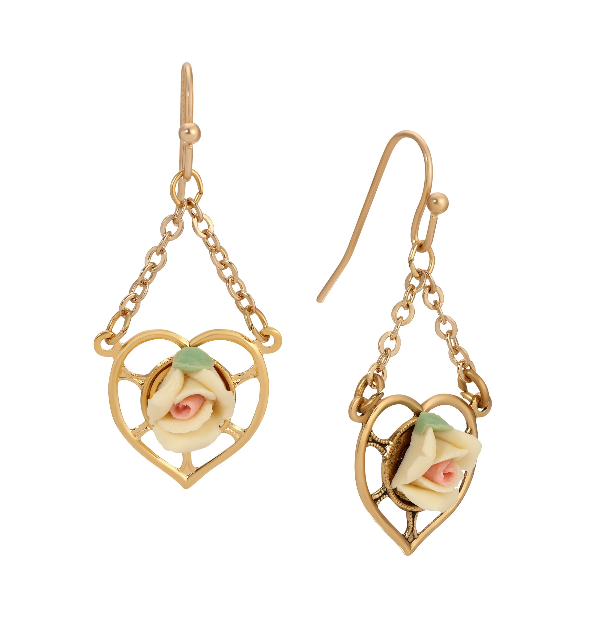 1928 Jewelry Porcelain Rose Dangling Heart Earrings