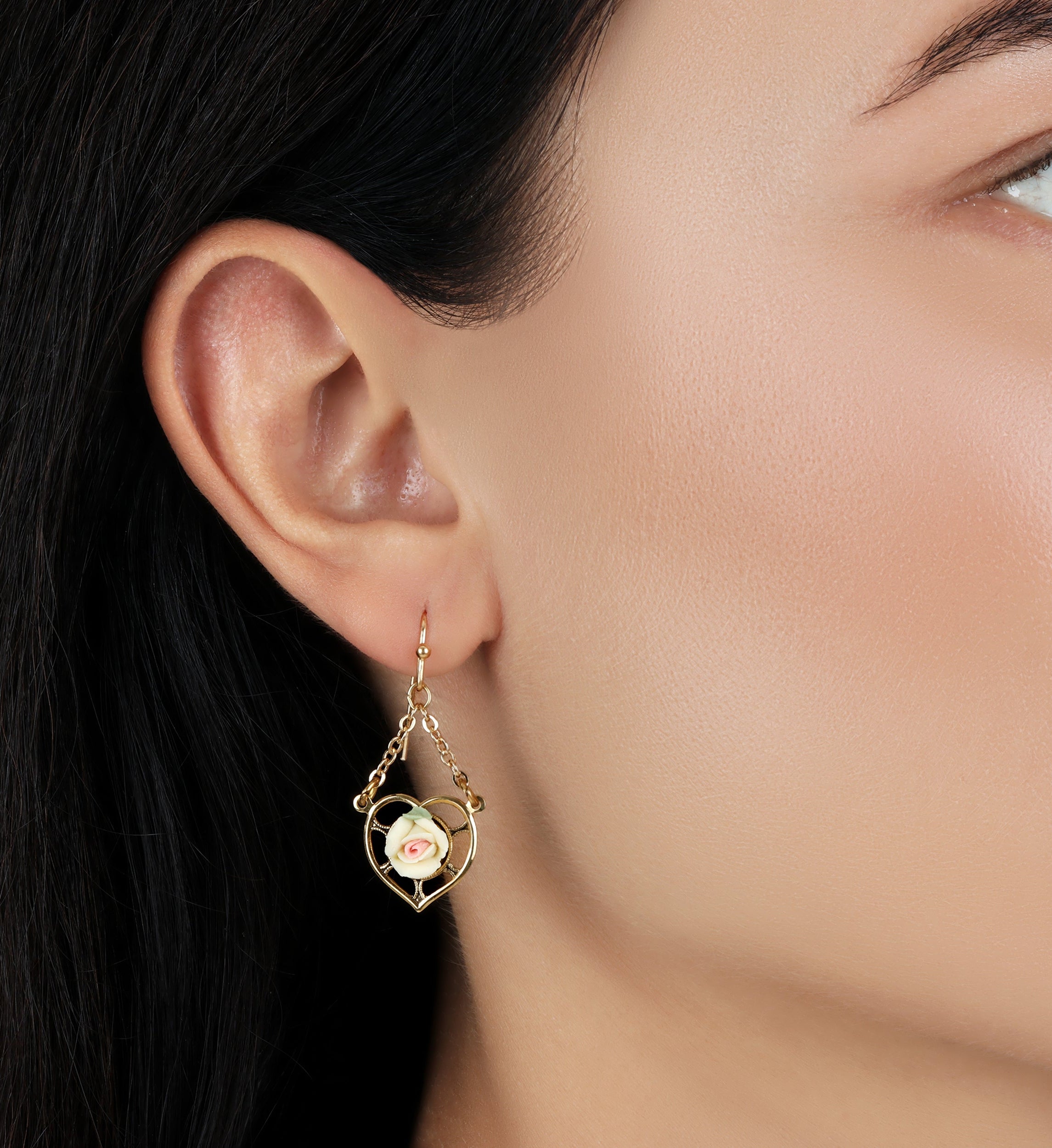 1928 Jewelry Porcelain Rose Dangling Heart Earrings