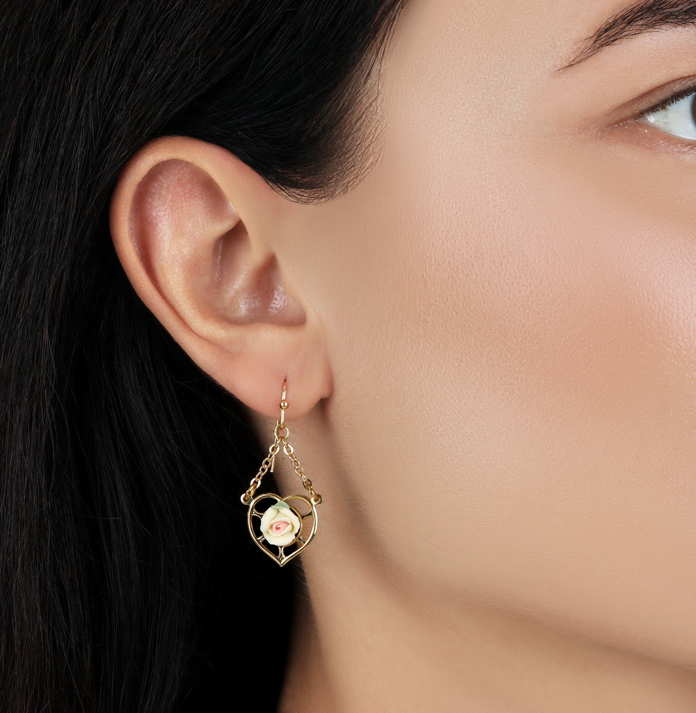 1928 Jewelry Porcelain Rose Dangling Heart Earrings