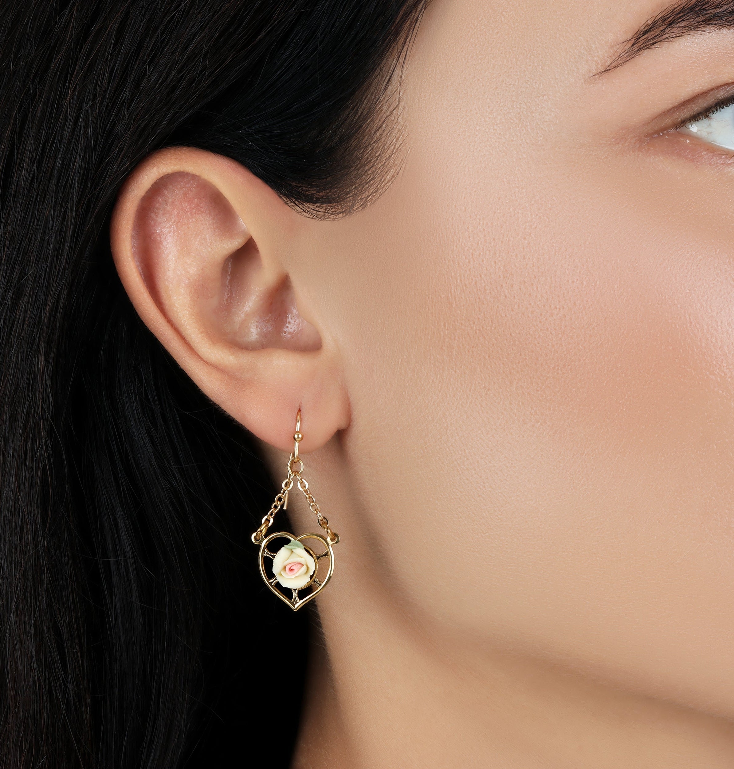 1928 Jewelry Porcelain Rose Dangling Heart Earrings