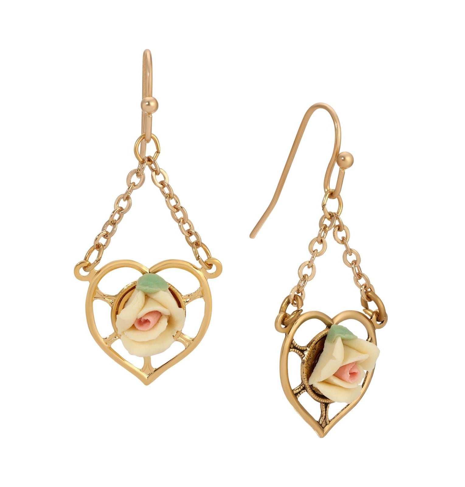 1928 Jewelry Porcelain Rose Dangling Heart Earrings