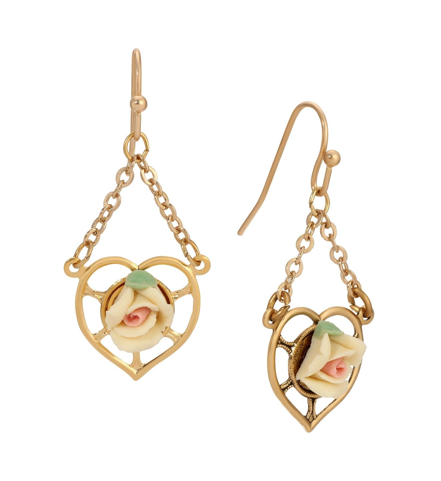 1928 Jewelry Porcelain Rose Dangling Heart Earrings