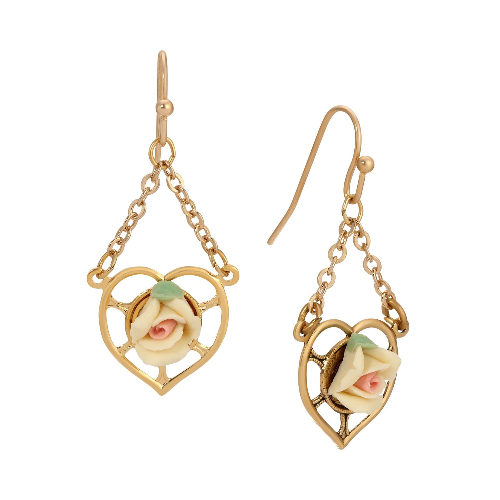 1928 Jewelry Porcelain Rose Dangling Heart Earrings