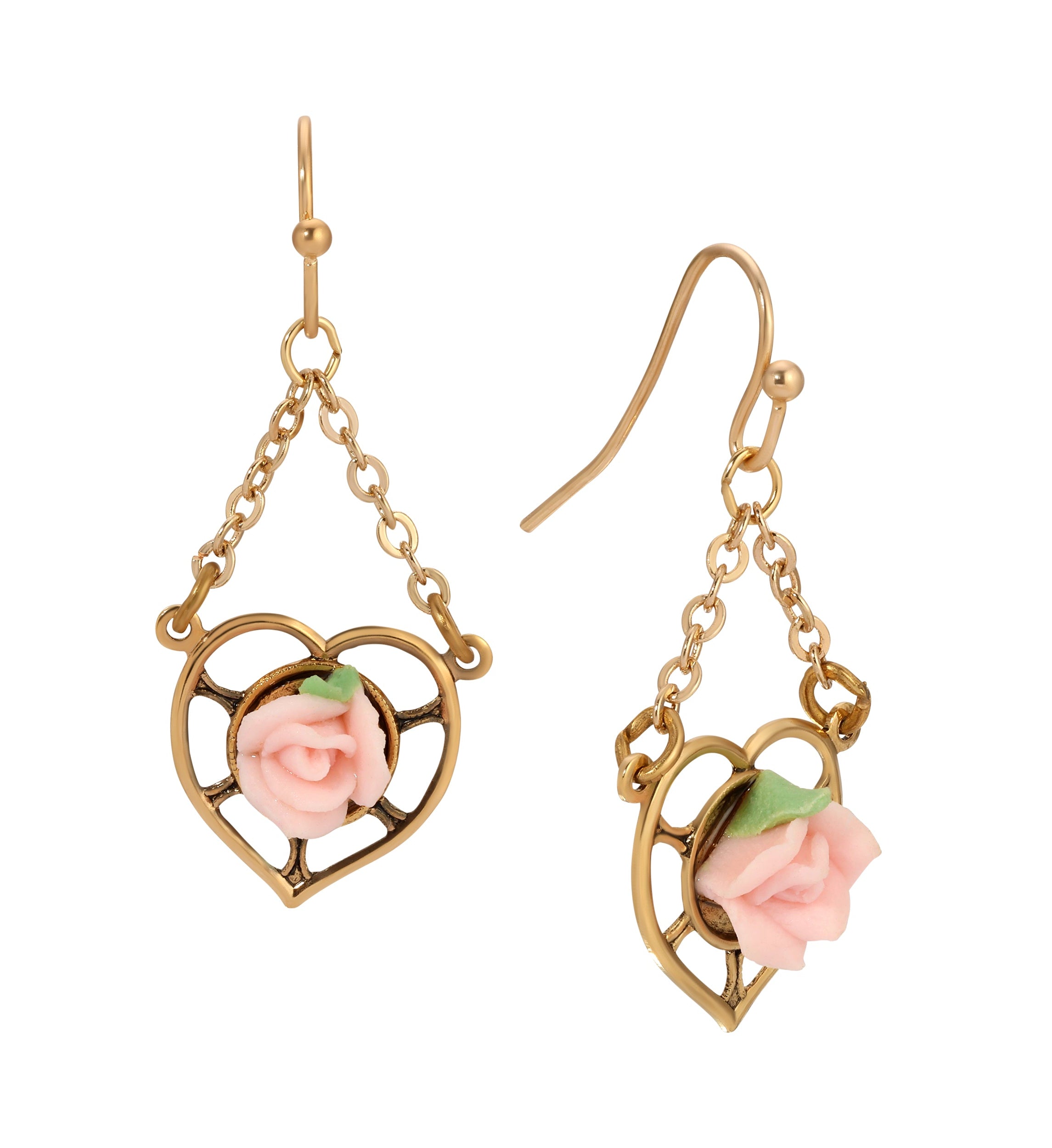 1928 Jewelry Porcelain Rose Dangling Heart Earrings