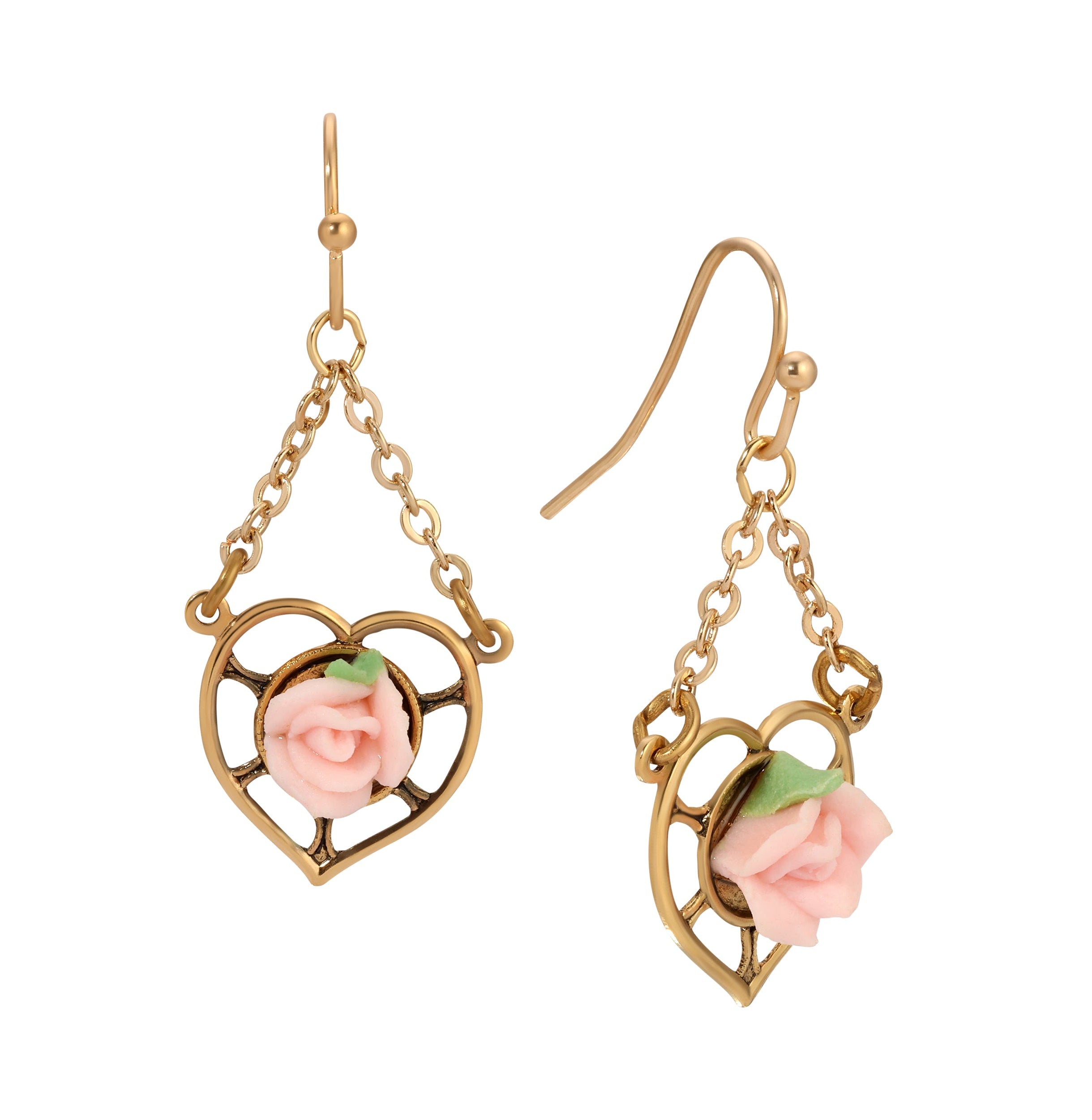 1928 Jewelry Porcelain Rose Dangling Heart Earrings