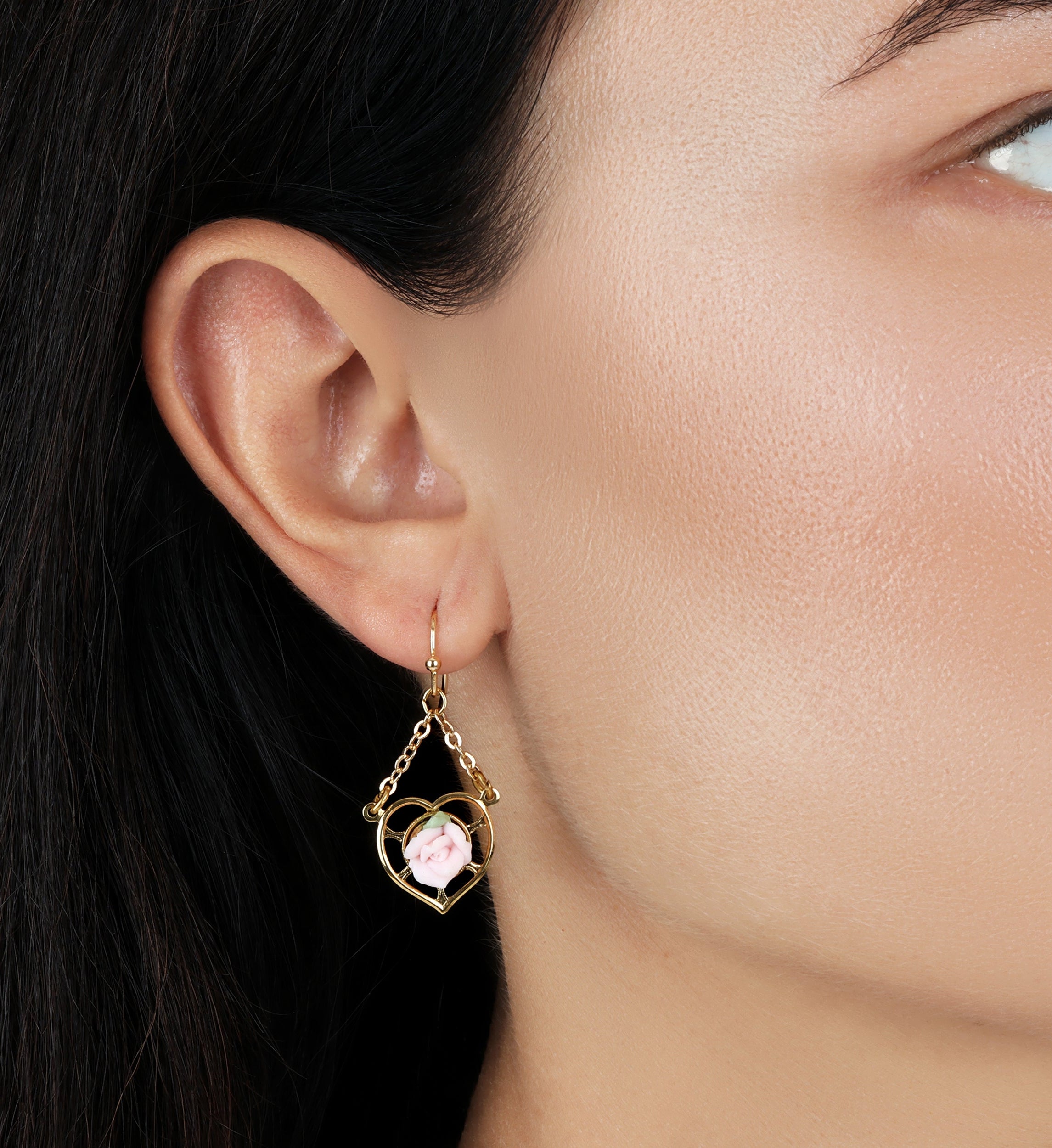 1928 Jewelry Porcelain Rose Dangling Heart Earrings