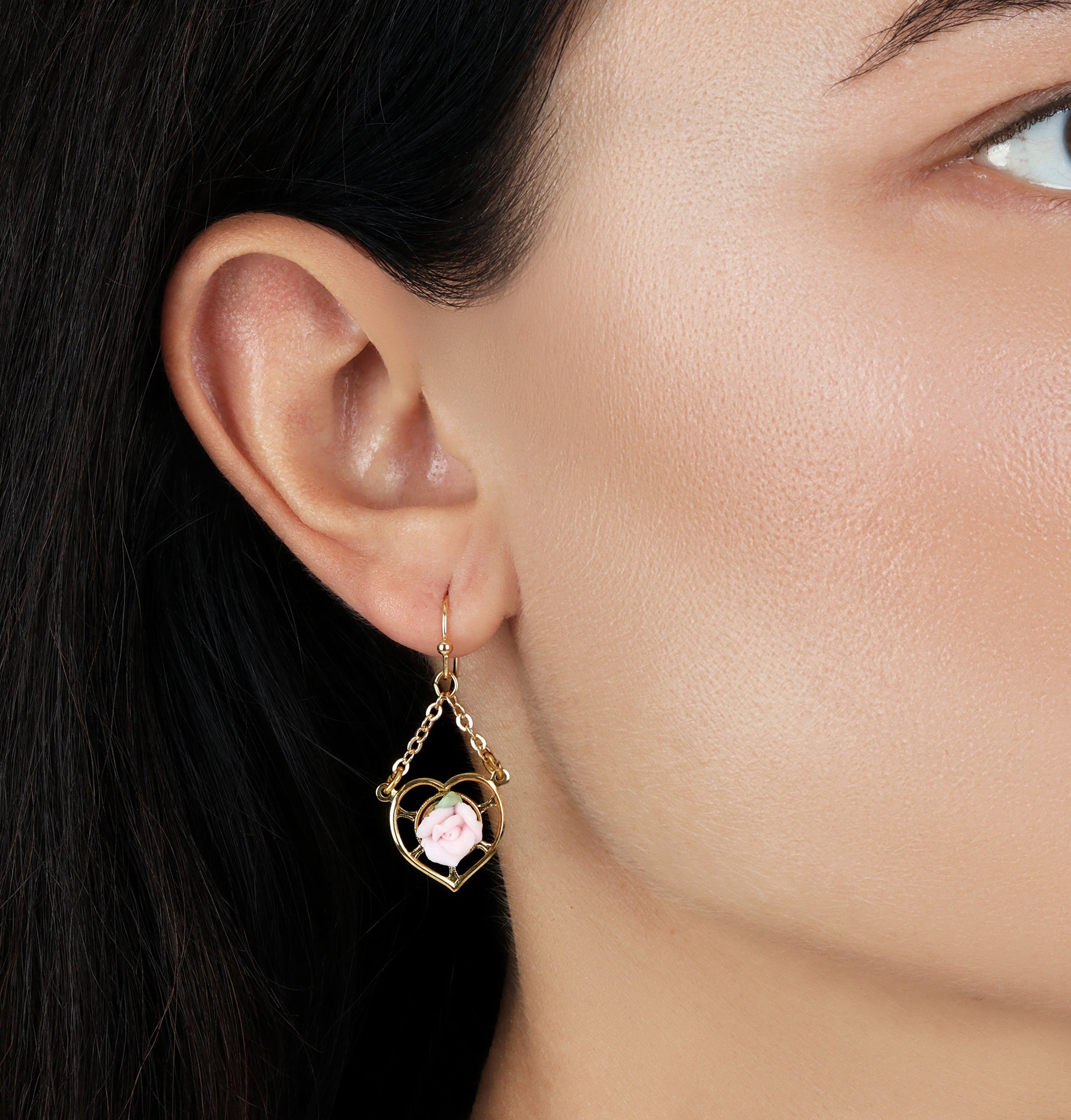 1928 Jewelry Porcelain Rose Dangling Heart Earrings