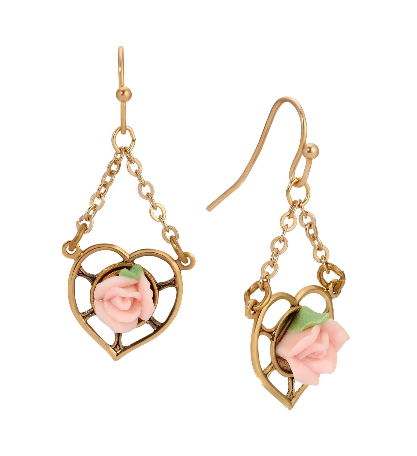 1928 Jewelry Porcelain Rose Dangling Heart Earrings
