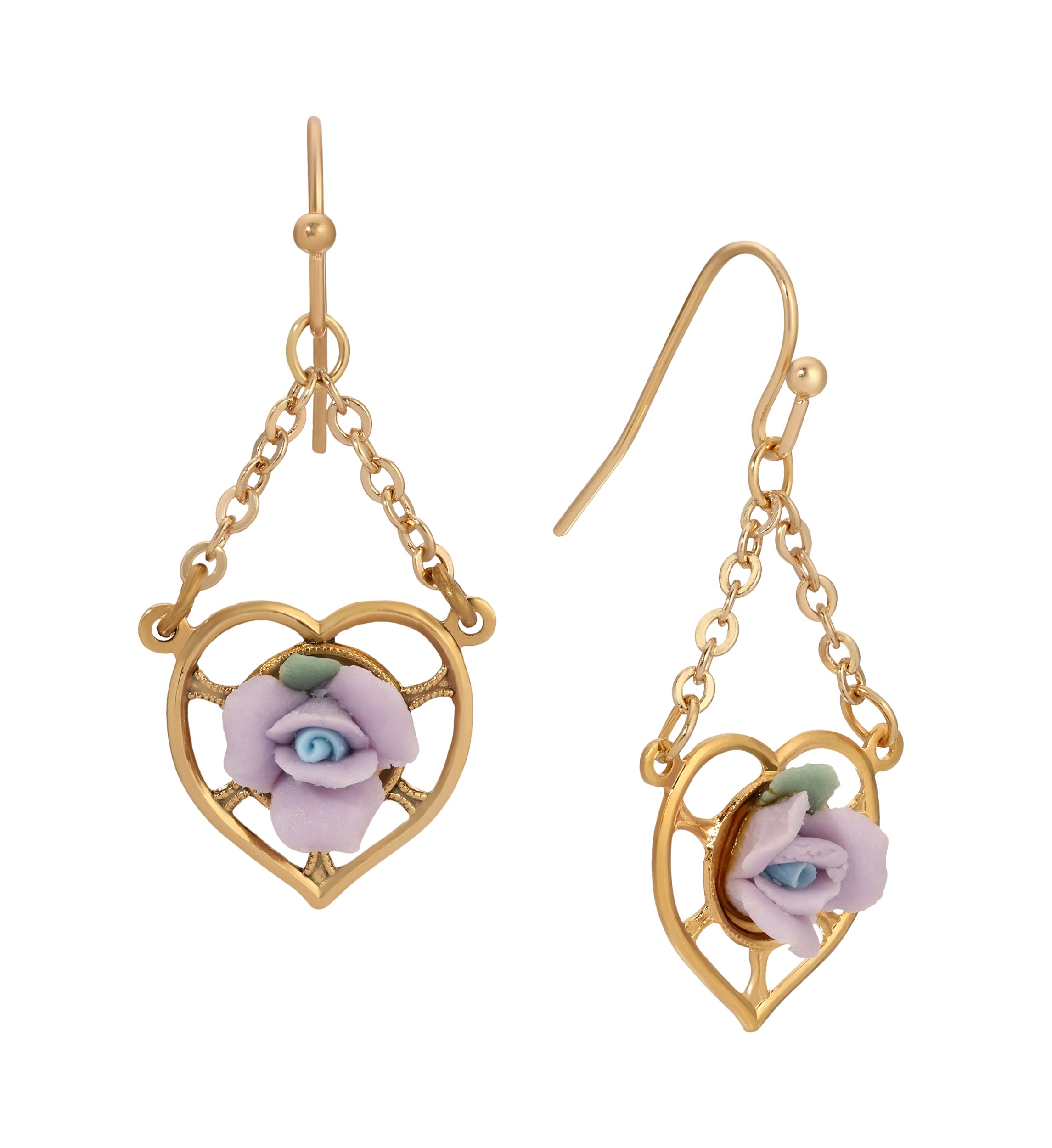 1928 Jewelry Porcelain Rose Dangling Heart Earrings