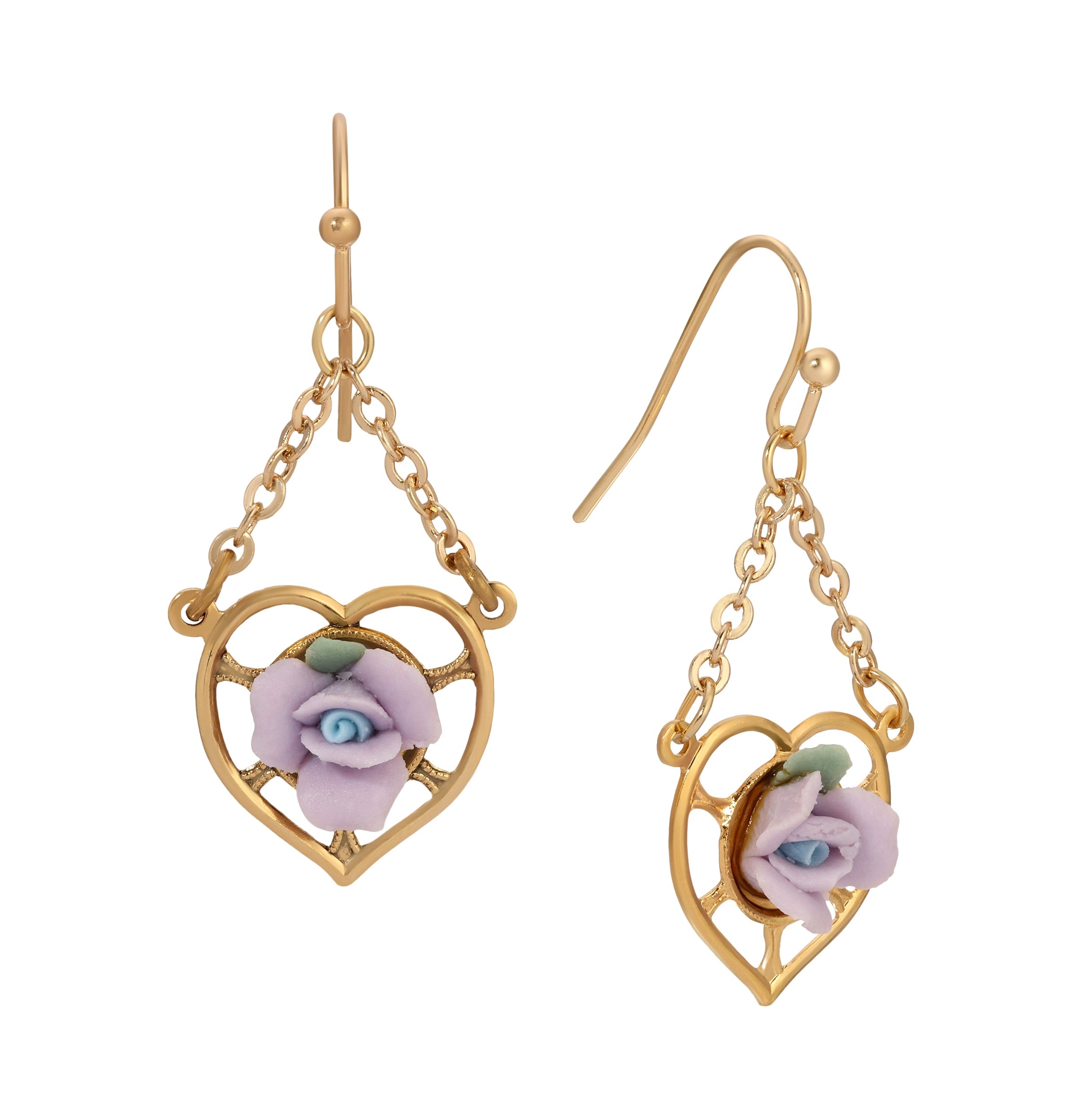 1928 Jewelry Porcelain Rose Dangling Heart Earrings