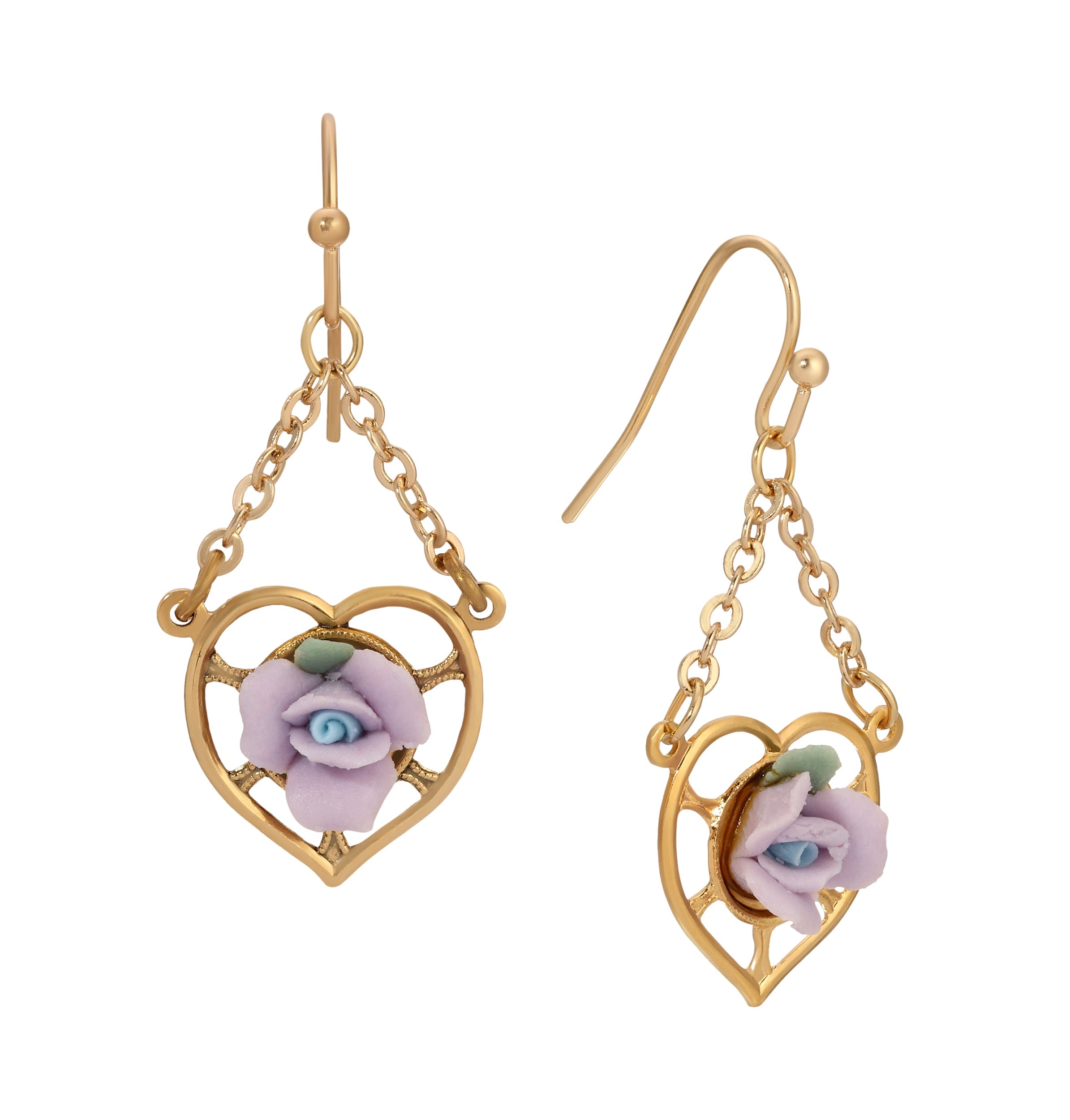 1928 Jewelry Porcelain Rose Dangling Heart Earrings