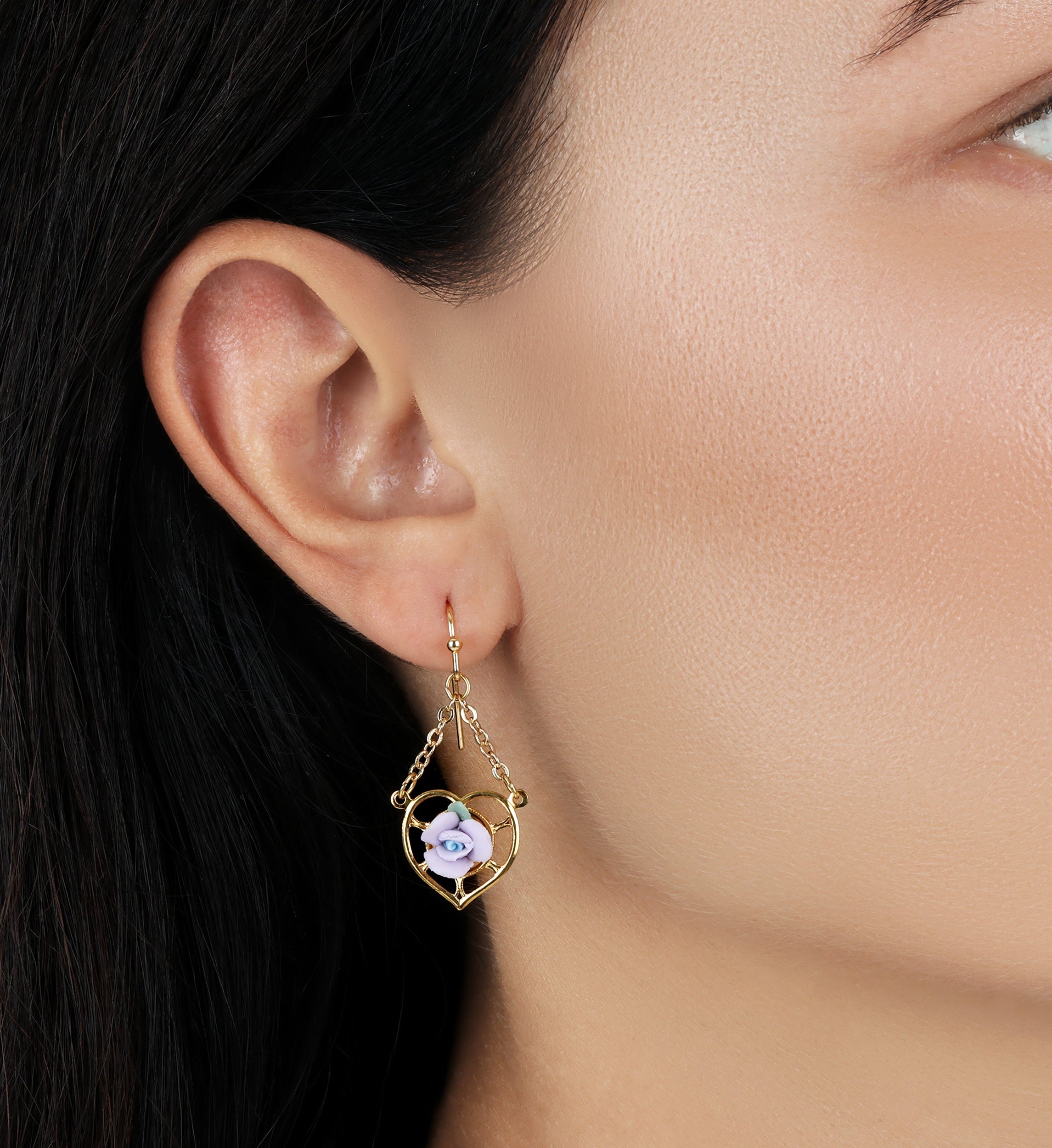 1928 Jewelry Porcelain Rose Dangling Heart Earrings