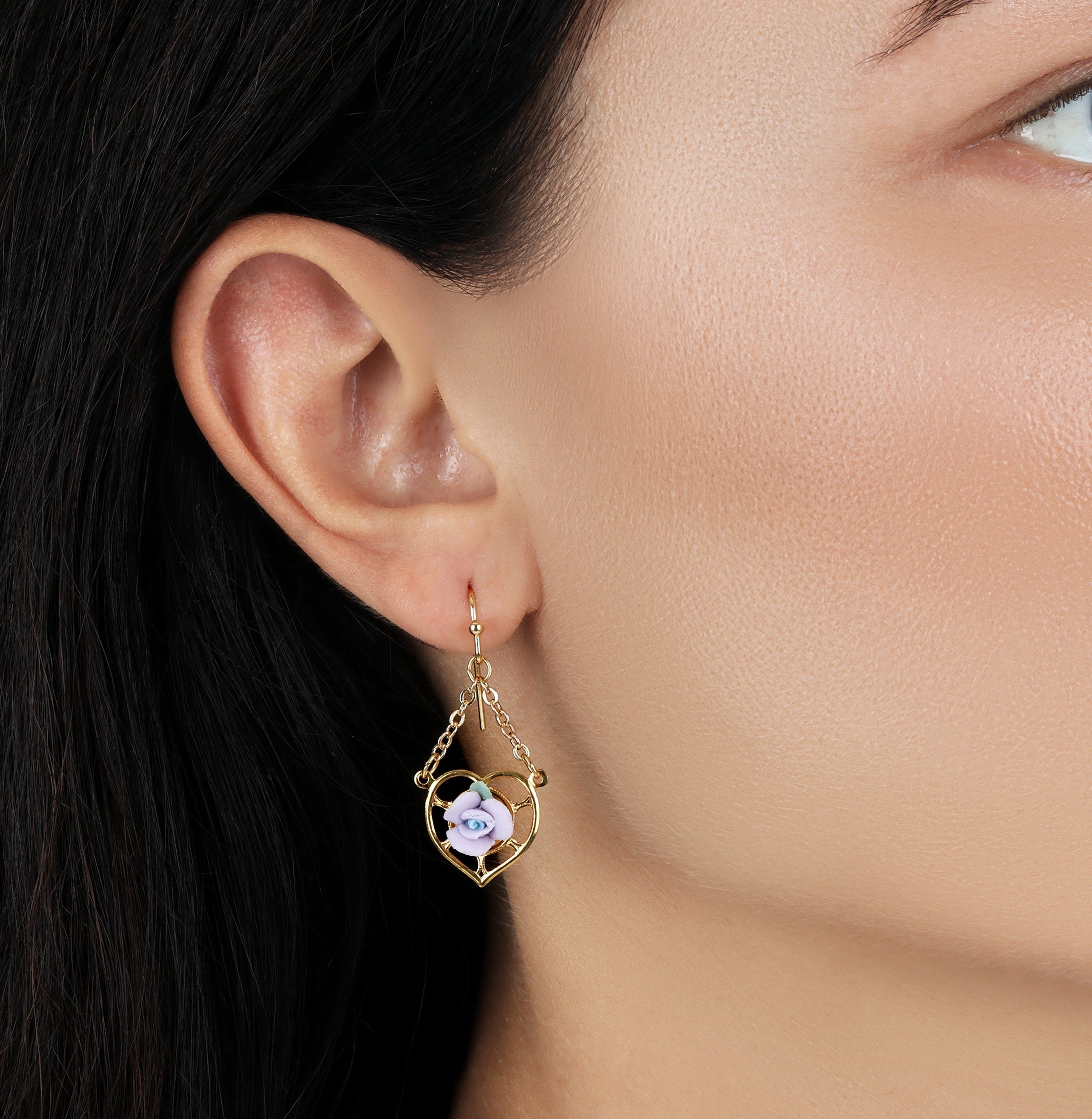 1928 Jewelry Porcelain Rose Dangling Heart Earrings