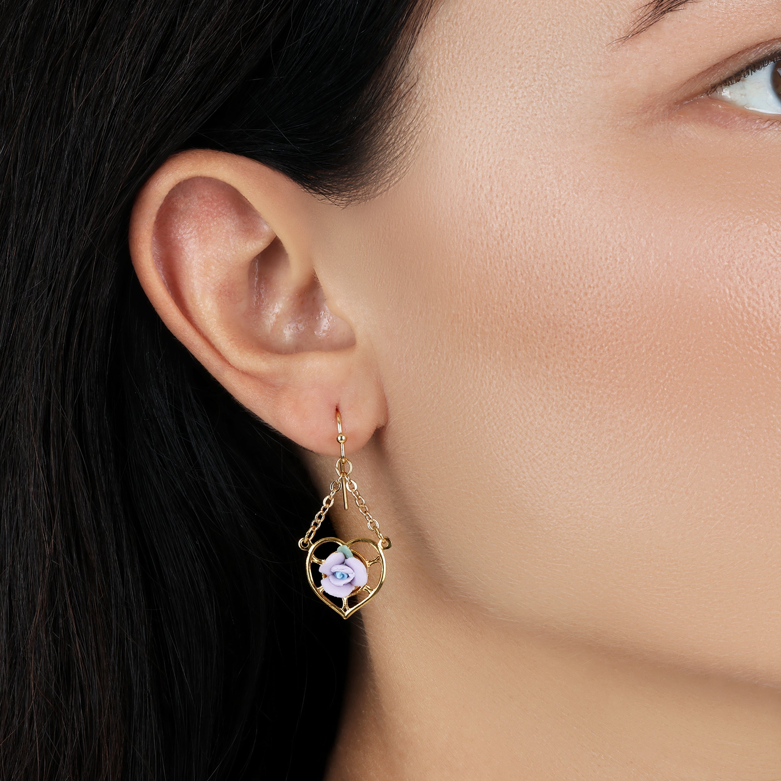 1928 Jewelry Porcelain Rose Dangling Heart Earrings