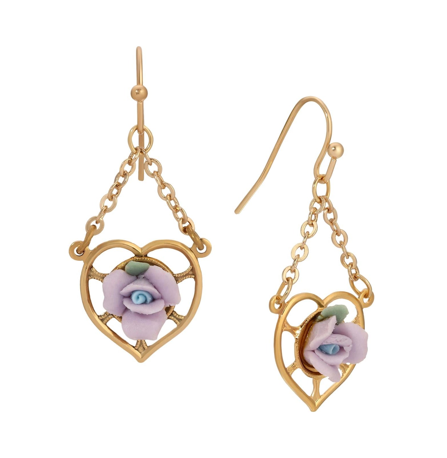 1928 Jewelry Porcelain Rose Dangling Heart Earrings