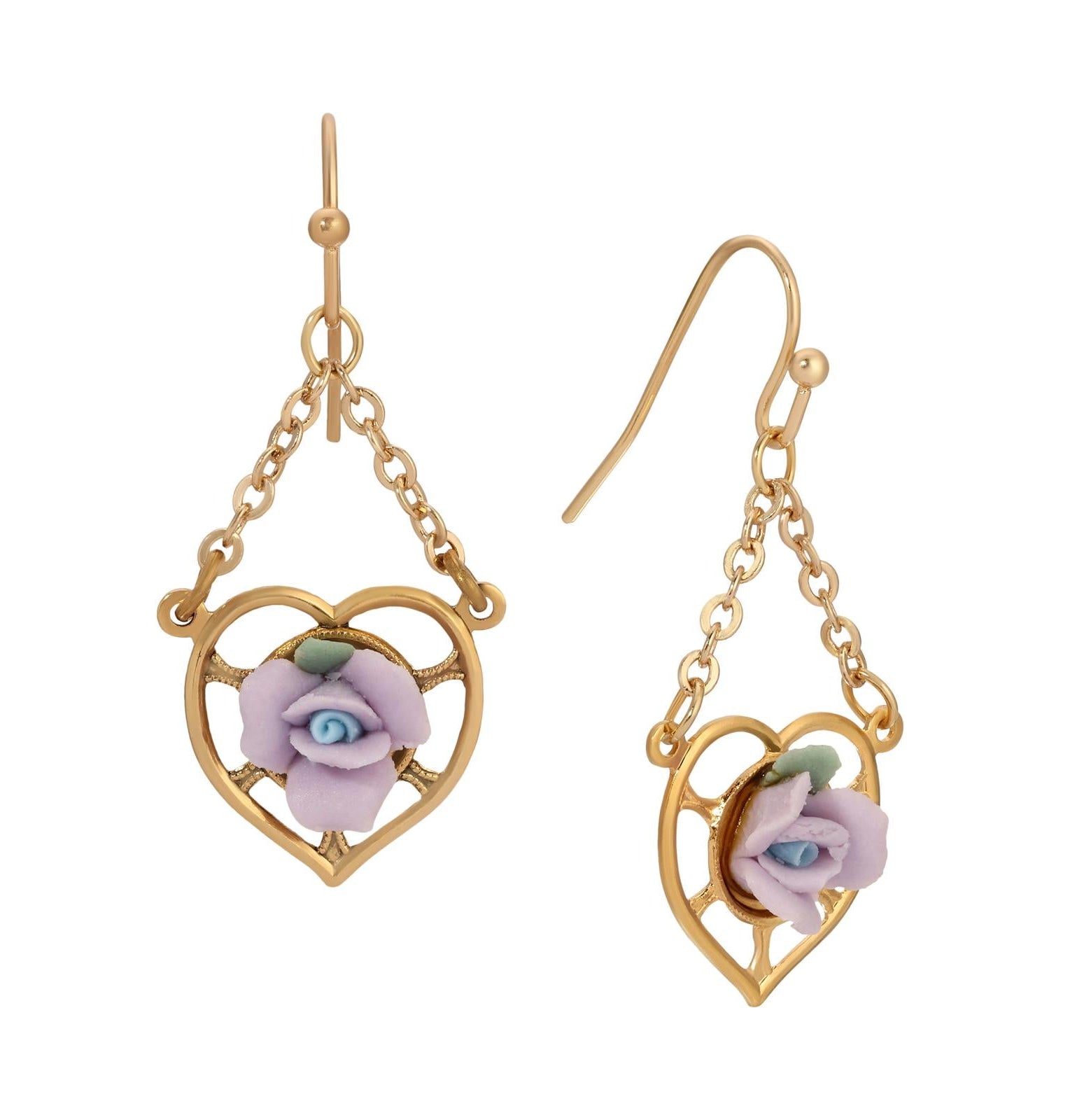 1928 Jewelry Porcelain Rose Dangling Heart Earrings