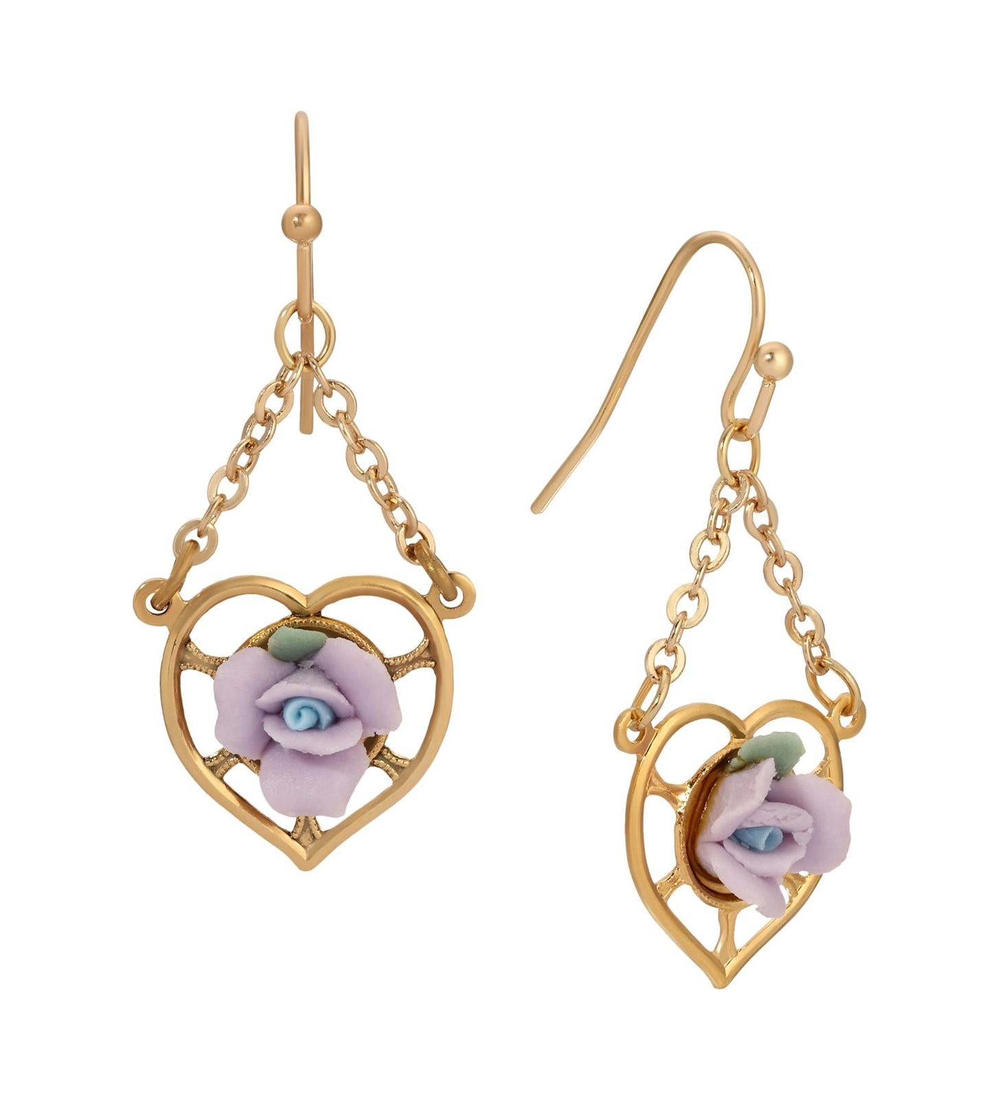 1928 Jewelry Porcelain Rose Dangling Heart Earrings