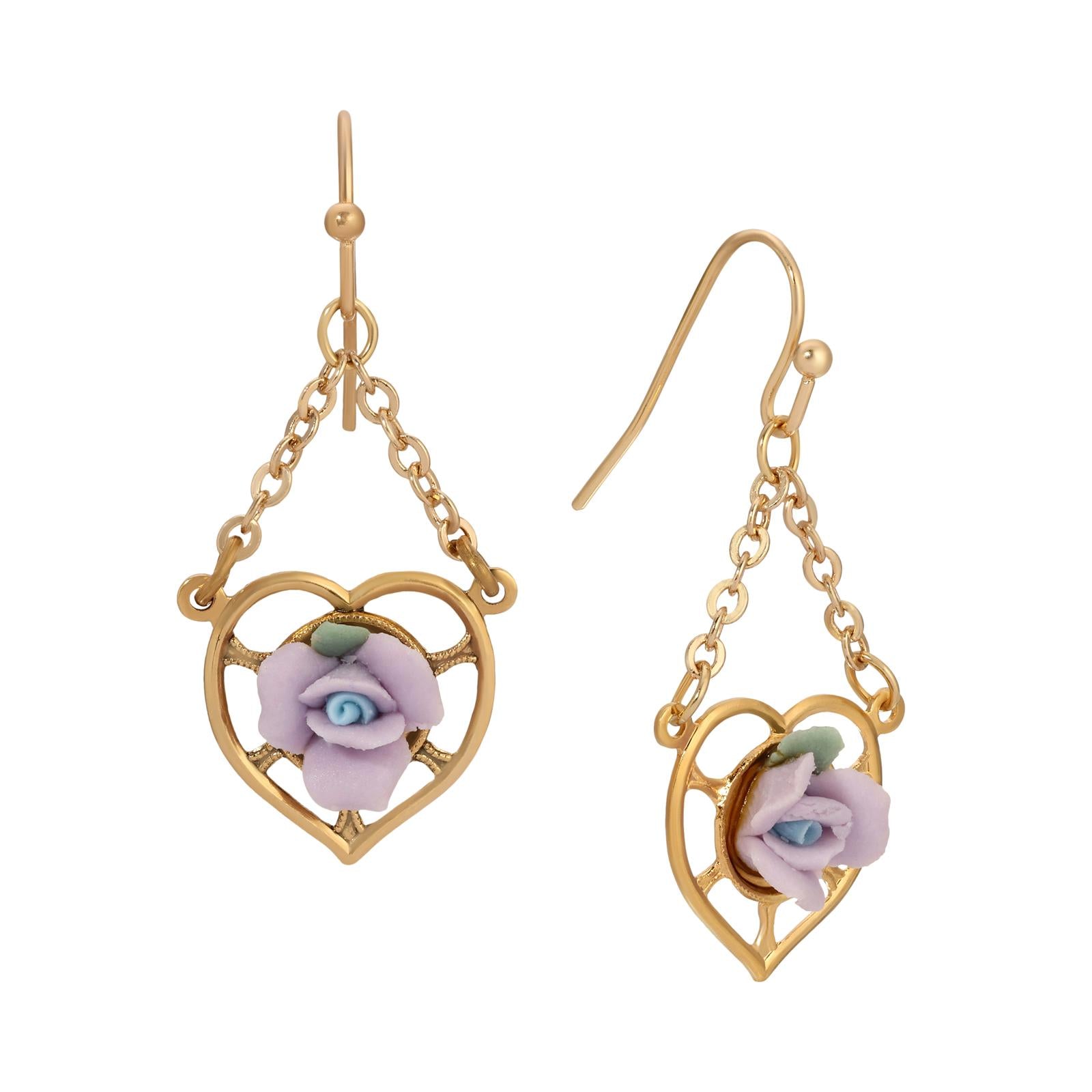 1928 Jewelry Porcelain Rose Dangling Heart Earrings