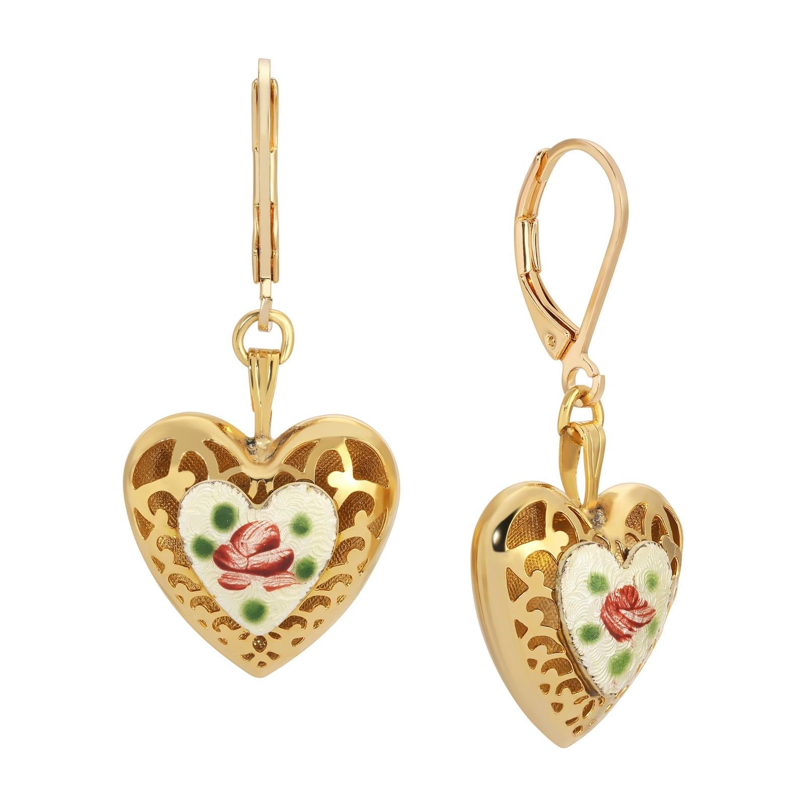 1928 Jewelry Artisan Pink Rosebud Heart Drop Earrings