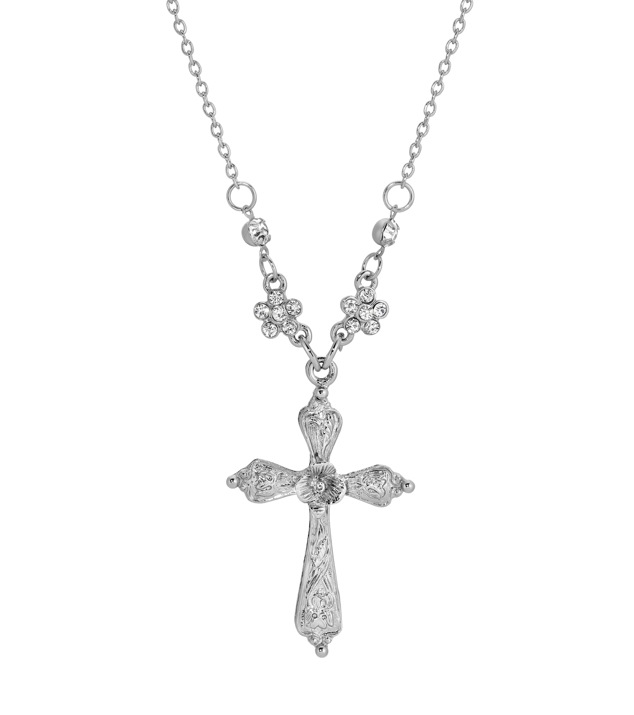 1928 Jewelry Flower Cross Silver Crystal Pendant Necklace 16"